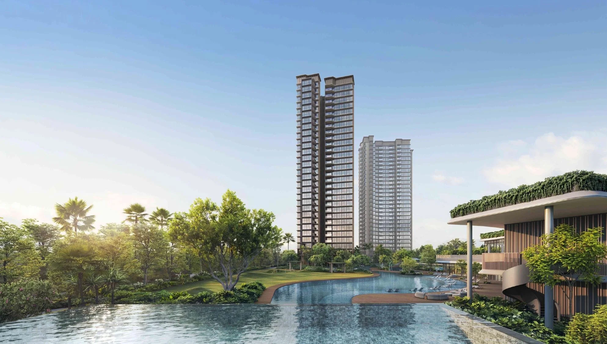 Artist’s impression of the Island Club infinity lap pool and surrounding gardens