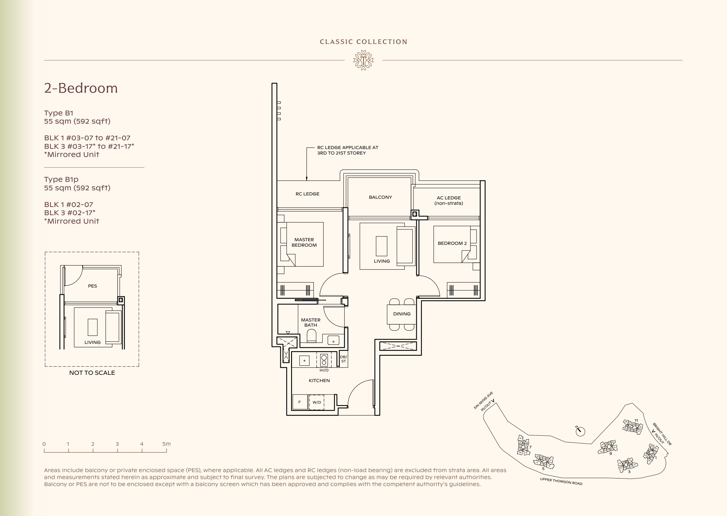 Classic Collection type B1, 592 sqft. Bedrooms flank the living room; the kitchen sits to the left of dining. 2 bedrooms, living and dining space, a kitchen, 1 bathrooms, a balcony.