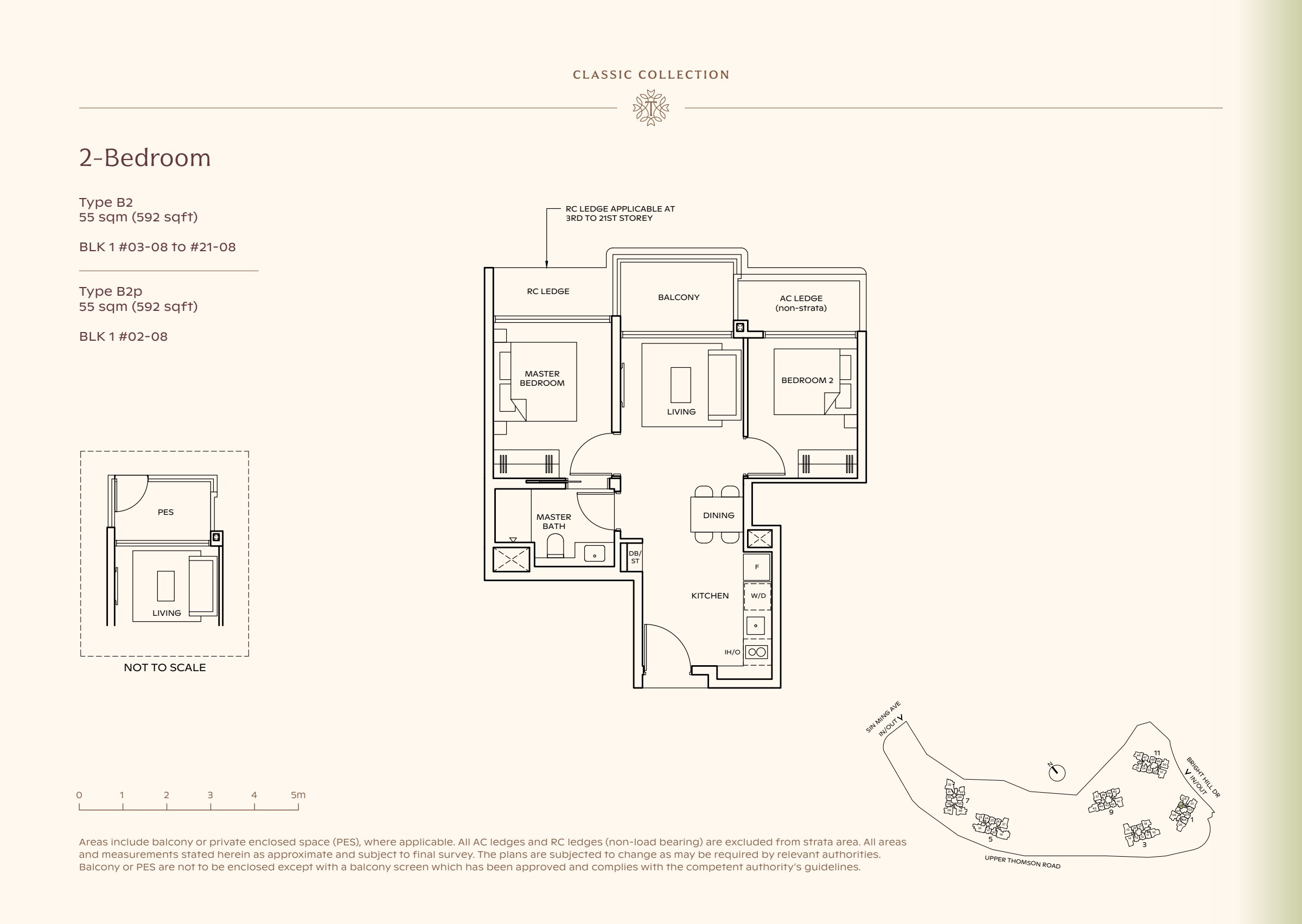 Classic Collection type B2, 592 sqft. Bedrooms flank the living room; the kitchen sits behind dining. 2 bedrooms, living and dining space, a kitchen, 1 bathrooms, a balcony.