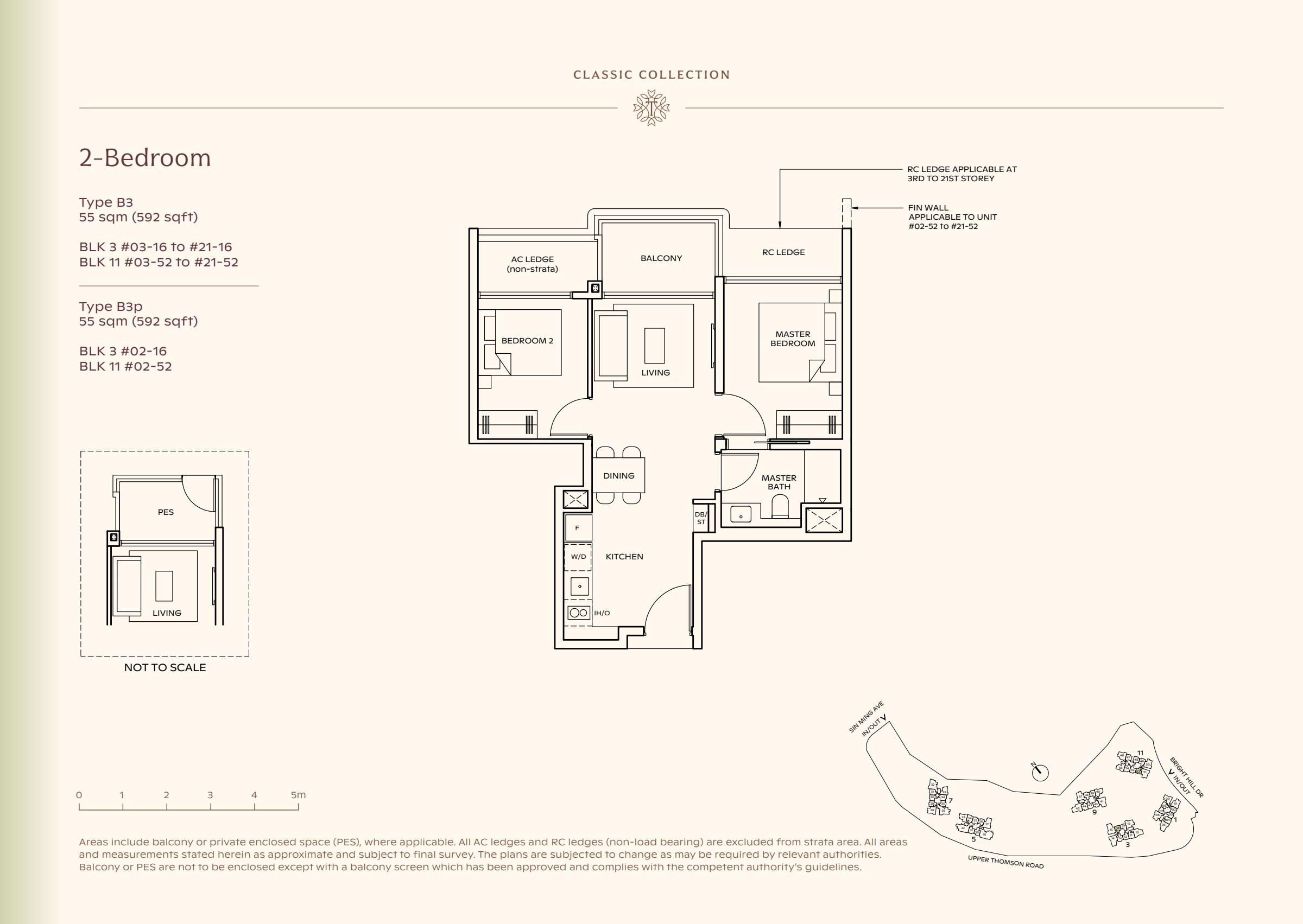 Classic Collection type B3, 592 sqft. Bedrooms flank the living room, with the master on the right and the kitchen behind dining. 2 bedrooms, living and dining space, a kitchen, 1 bathrooms, a balcony.