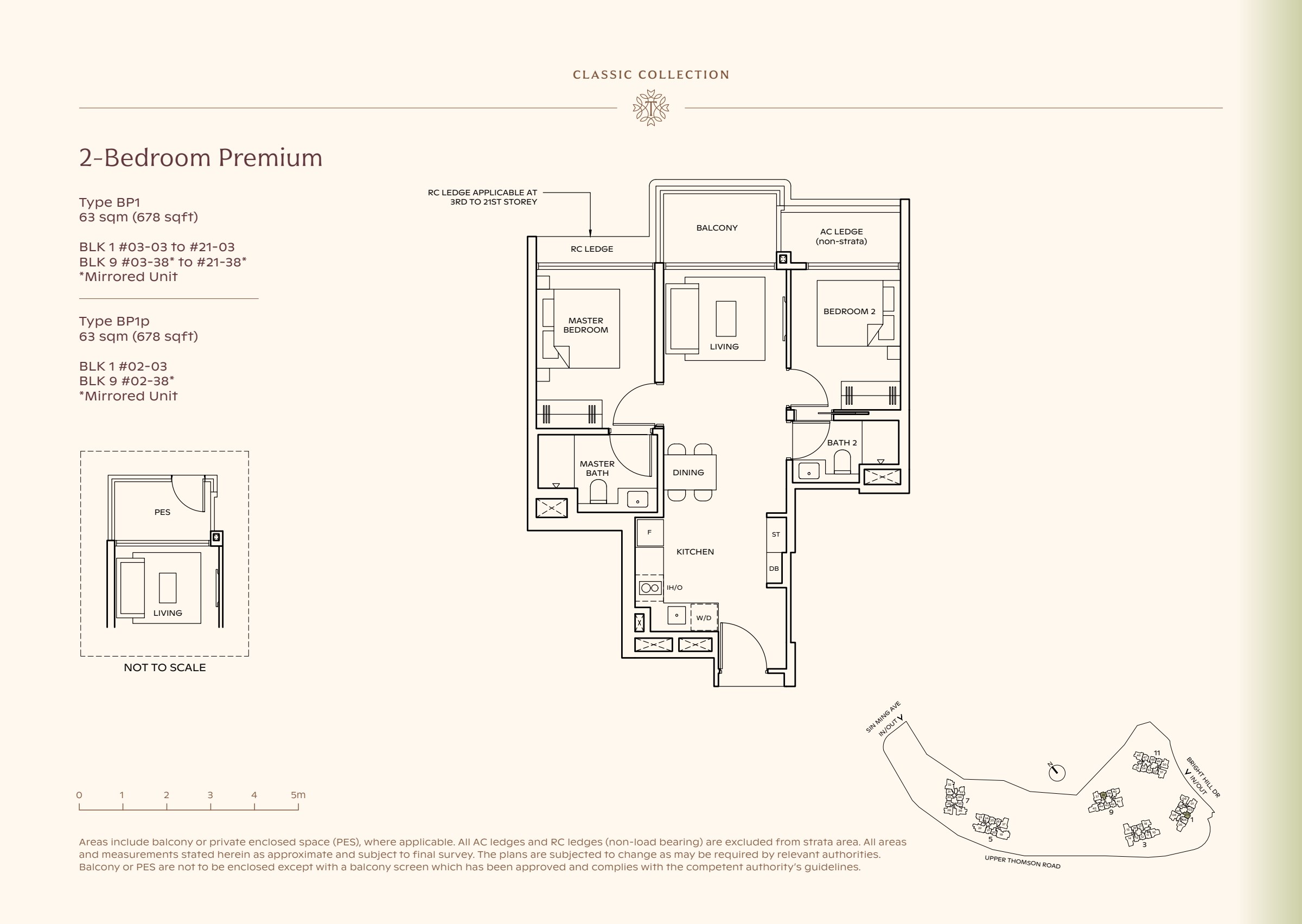 Classic Collection type BP1, 678 sqft. The master is left of the living room; the second bedroom is right of it and the kitchen is behind dining. 2 bedrooms, living and dining space, a kitchen, 2 bathrooms, a balcony.