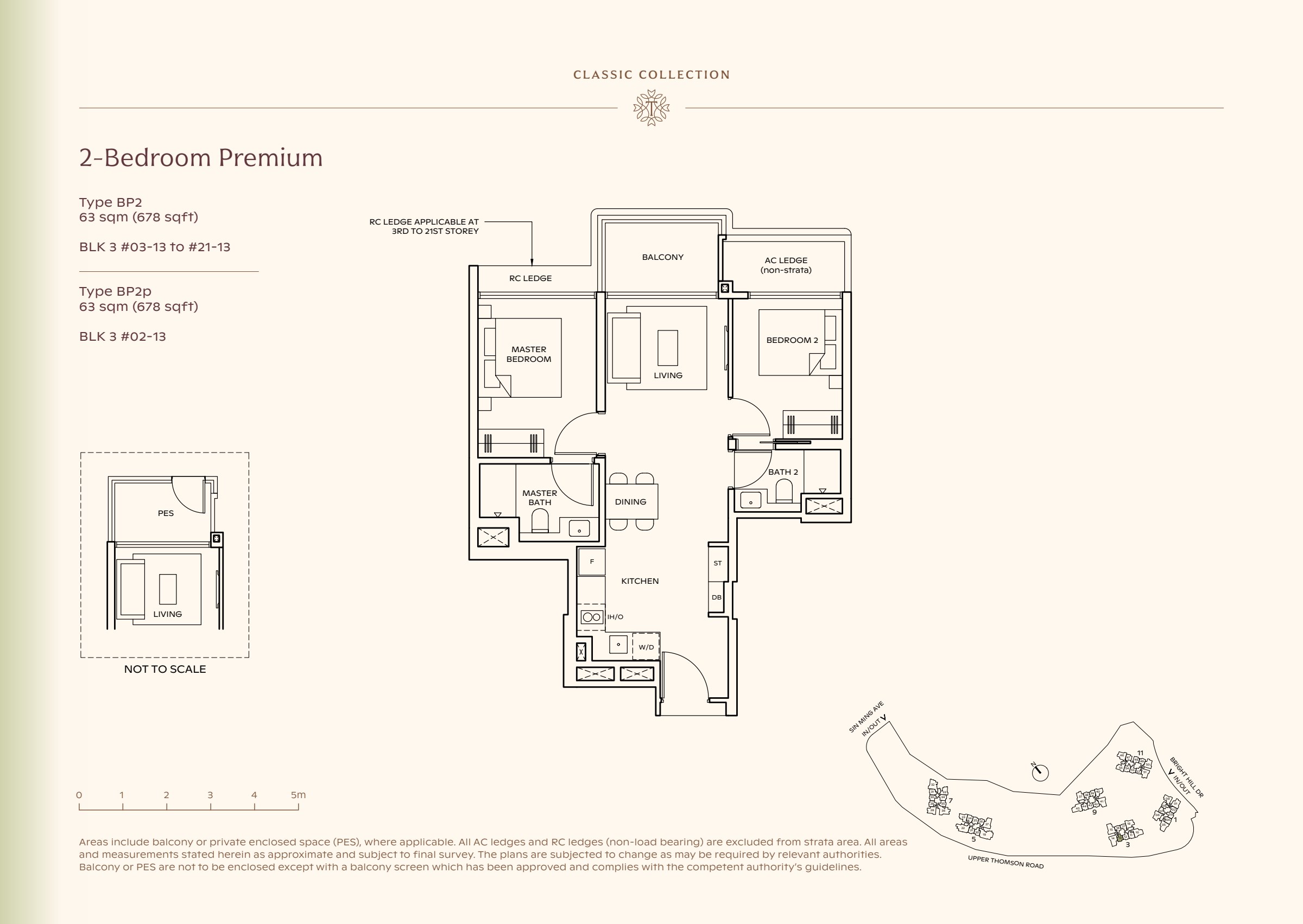 Classic Collection type BP2, 678 sqft. The master is left of the living room; the second bedroom is right of it and the kitchen is behind dining. 2 bedrooms, living and dining space, a kitchen, 2 bathrooms, a balcony.
