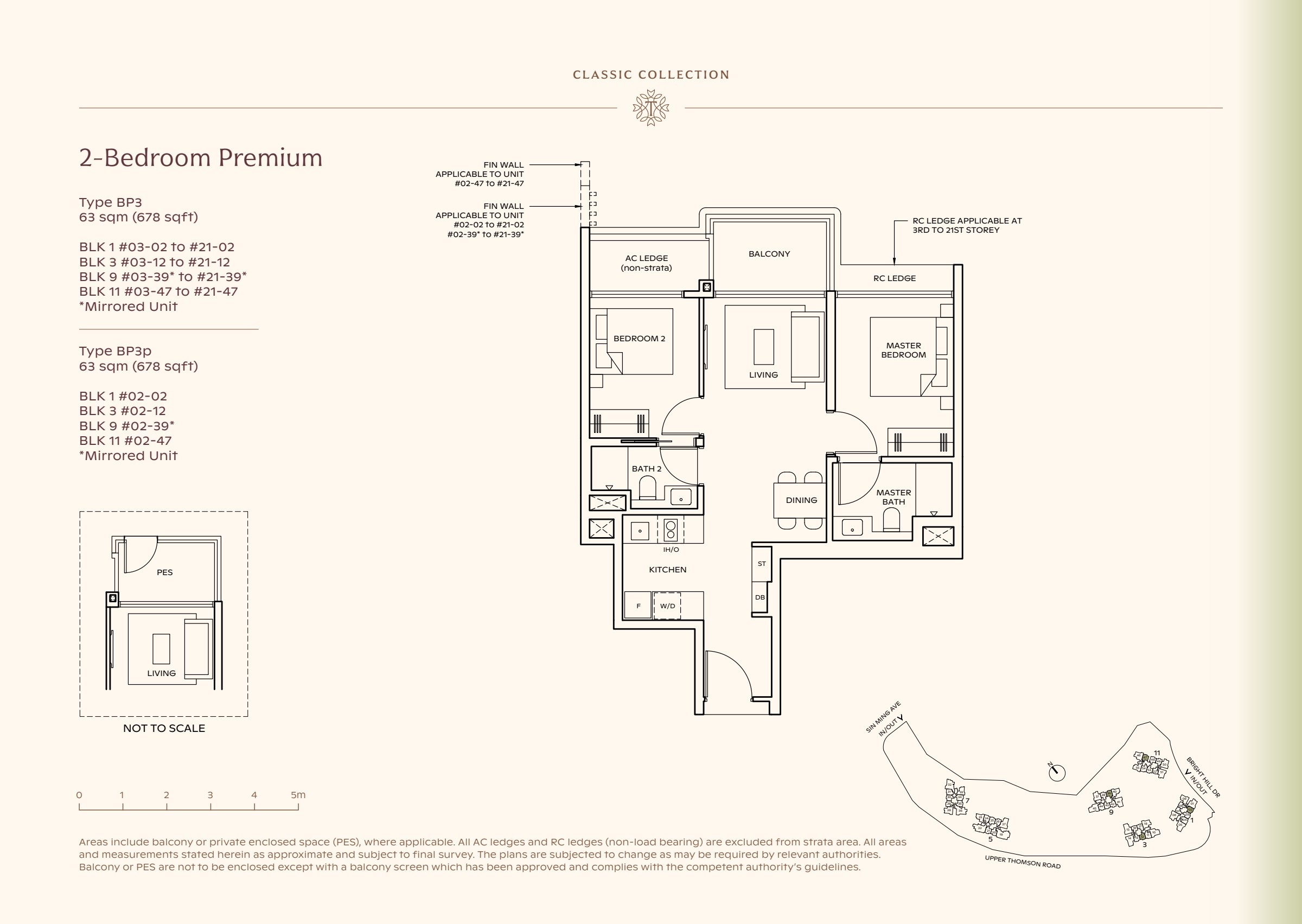 Classic Collection type BP3, 678 sqft. The master is right of the living room; the second bedroom is left of it and the kitchen is left of dining. 2 bedrooms, living and dining space, a kitchen, 2 bathrooms, a balcony.