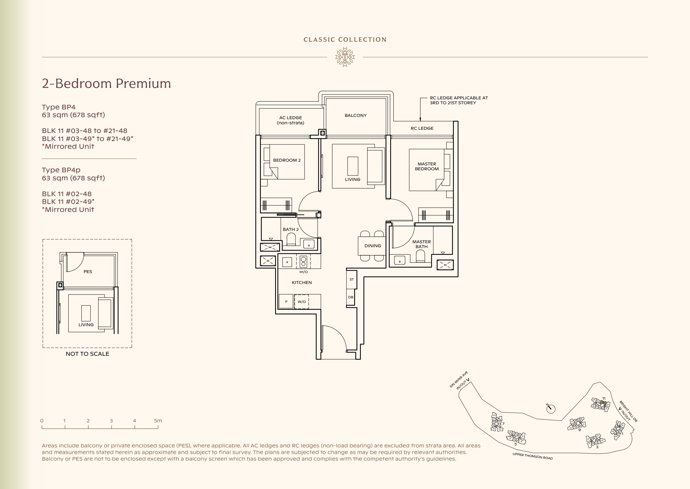 Classic Collection type BP4, 678 sqft. The master is right of the living room; the second bedroom is left of it and the kitchen is left of dining. 2 bedrooms, living and dining space, a kitchen, 2 bathrooms, a balcony.