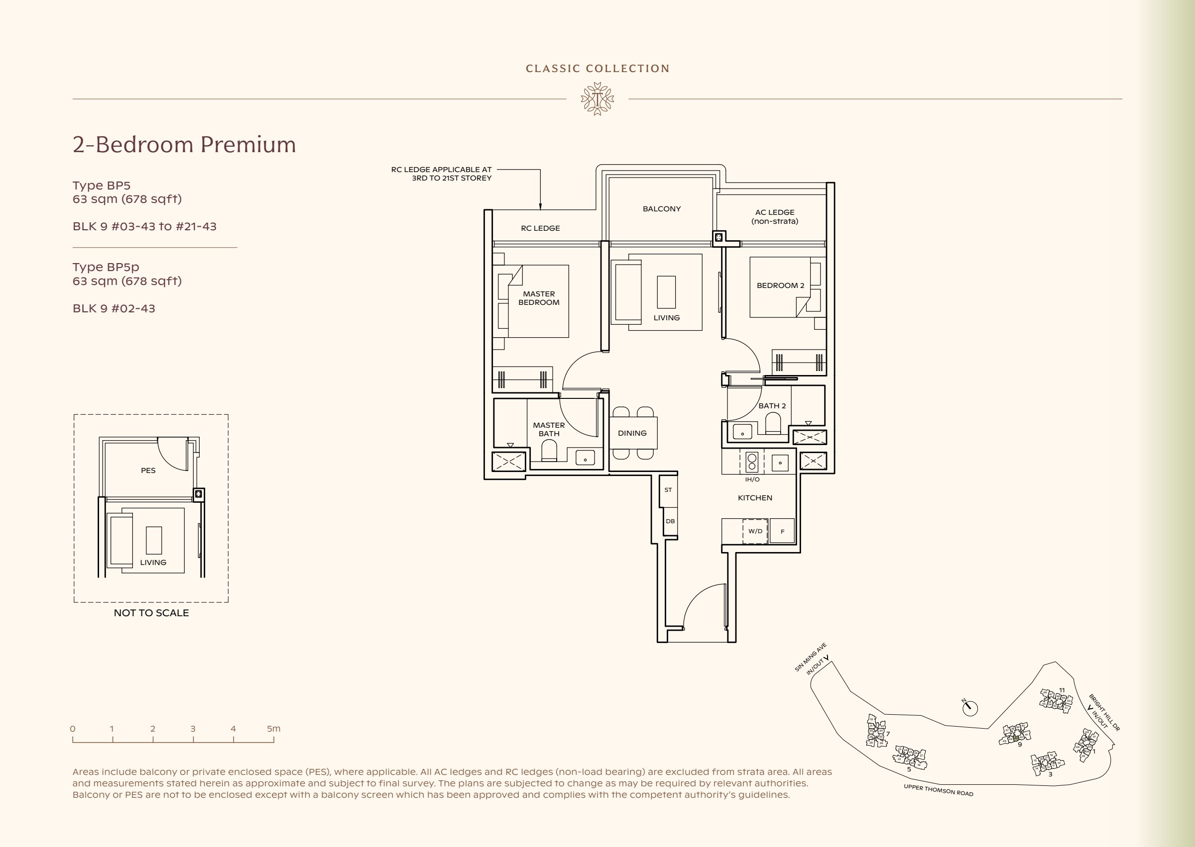 Classic Collection type BP5, 678 sqft. The master is left of the living room; the second bedroom is right of it and the kitchen is right of dining. 2 bedrooms, living and dining space, a kitchen, 2 bathrooms, a balcony.