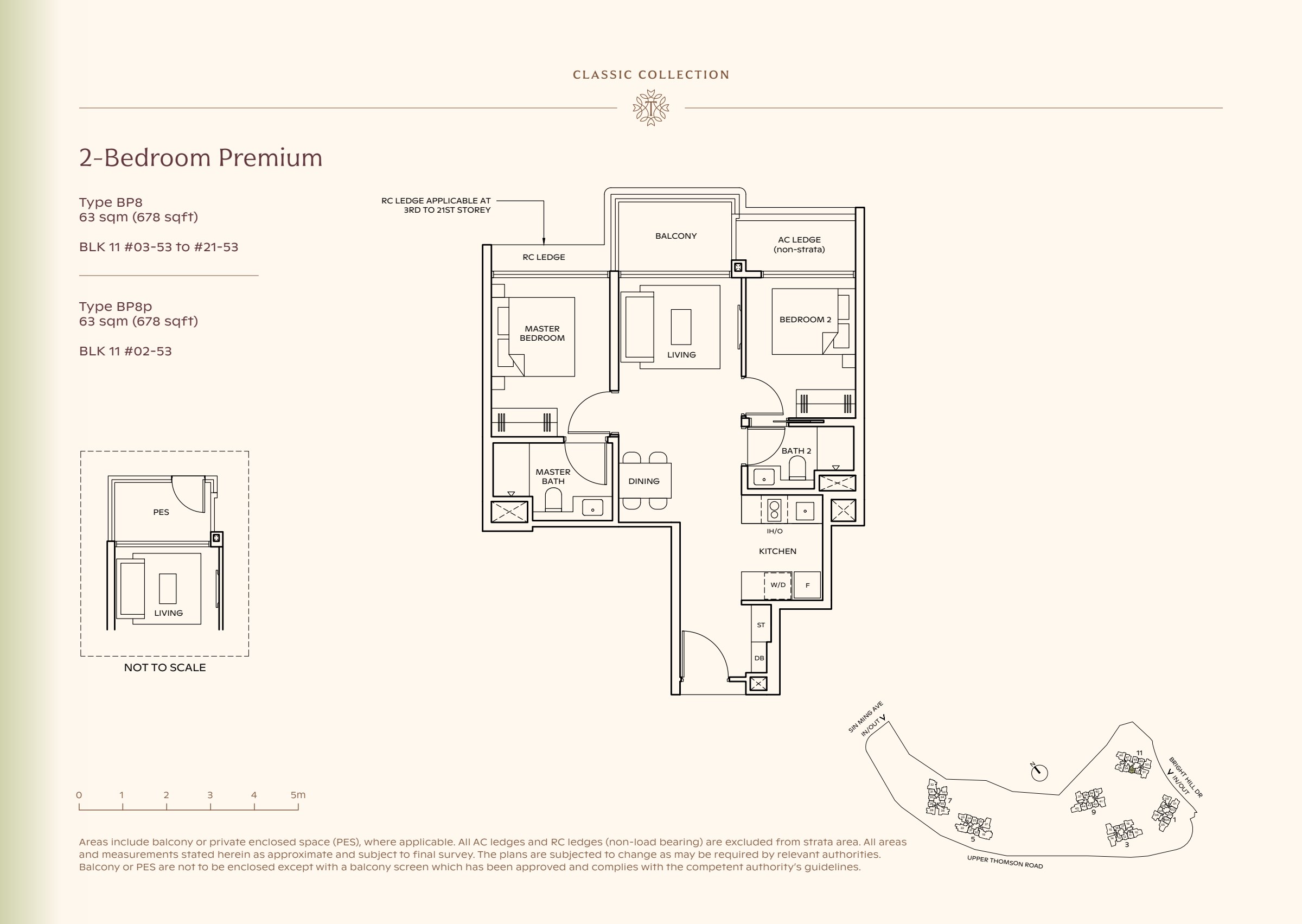 Classic Collection type BP8, 678 sqft. The master is left of the living room; the second bedroom is right of it and the kitchen is right of dining. 2 bedrooms, living and dining space, a kitchen, 2 bathrooms, a balcony.