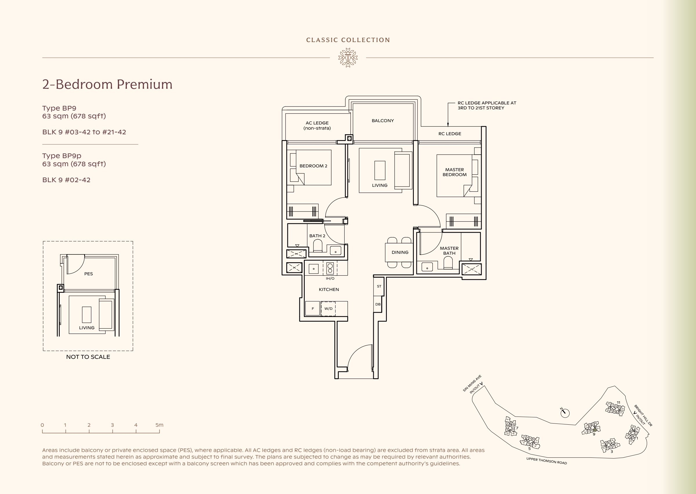 Classic Collection type BP9, 678 sqft. The master is right of the living room; the second bedroom is left of it and the kitchen is left of dining. 2 bedrooms, living and dining space, a kitchen, 2 bathrooms, a balcony.