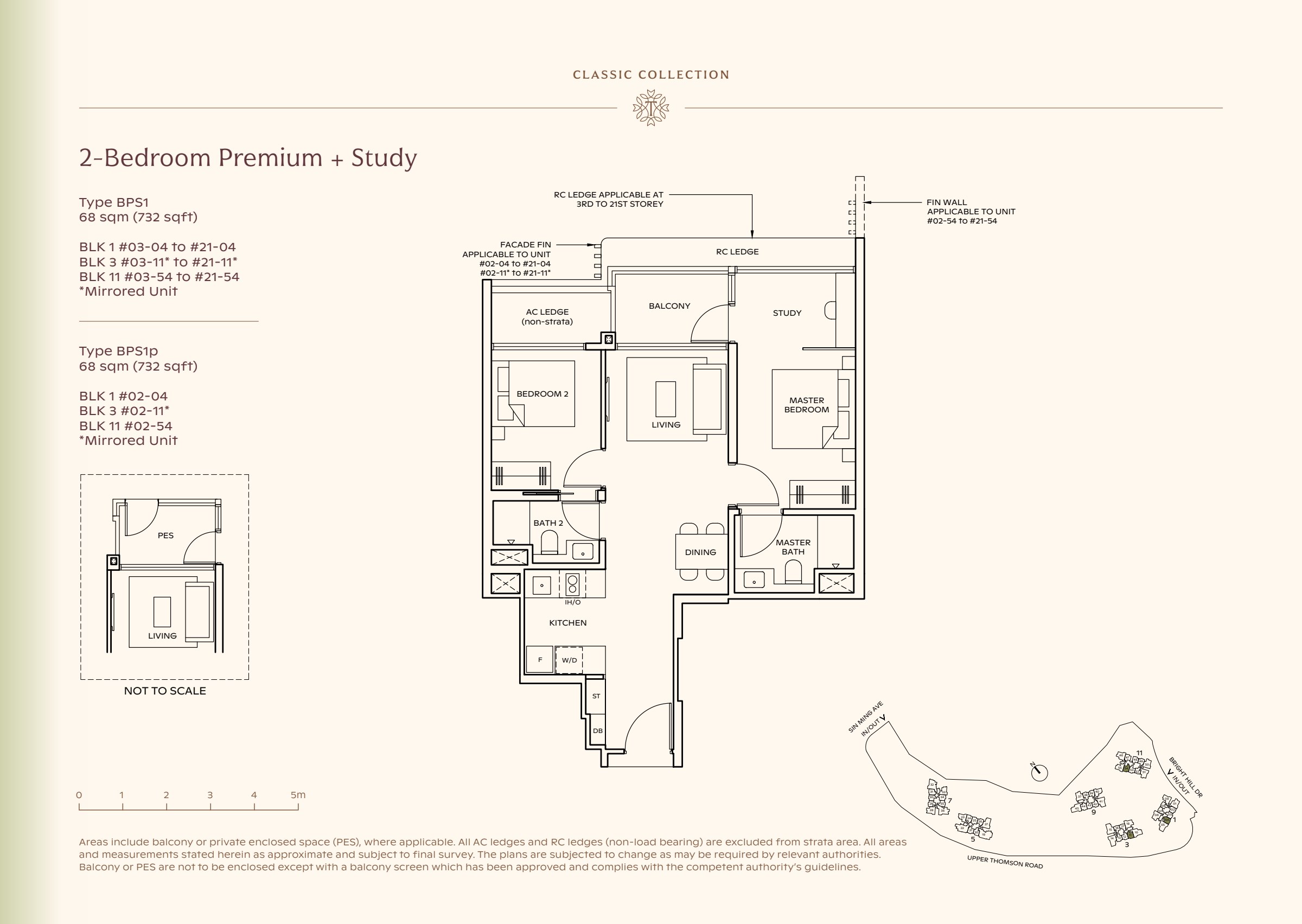 Classic Collection type BPS1, 732 sqft. The study sits beside the balcony and above the master bedroom; the kitchen is left of dining. 2 bedrooms, a study, living and dining space, a kitchen, 2 bathrooms, a balcony.