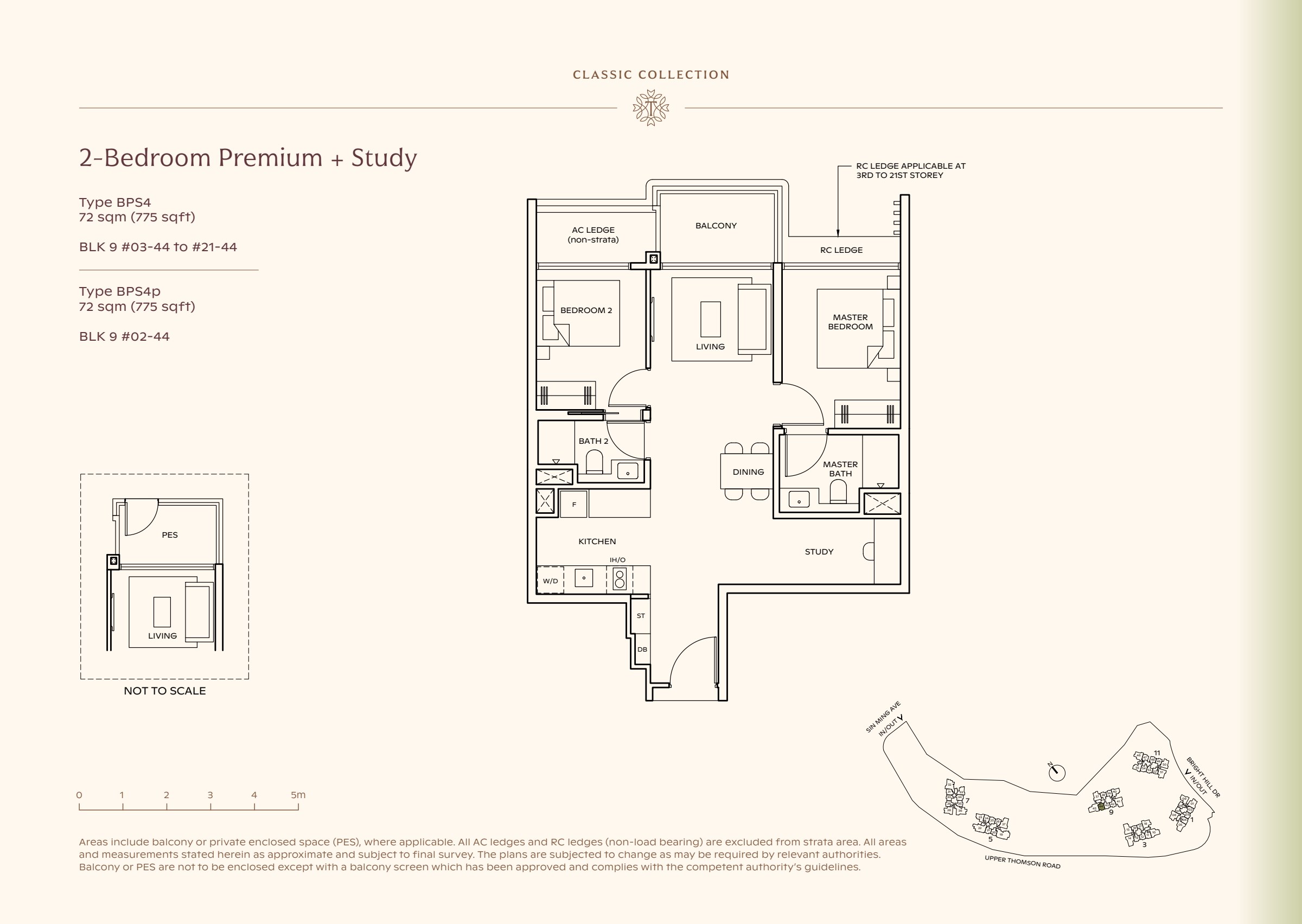 Classic Collection type BPS4, 775 sqft. The study sits beside the kitchen, away from the balcony; the master is right of the living room. 2 bedrooms, a study, living and dining space, a kitchen, 2 bathrooms, a balcony.