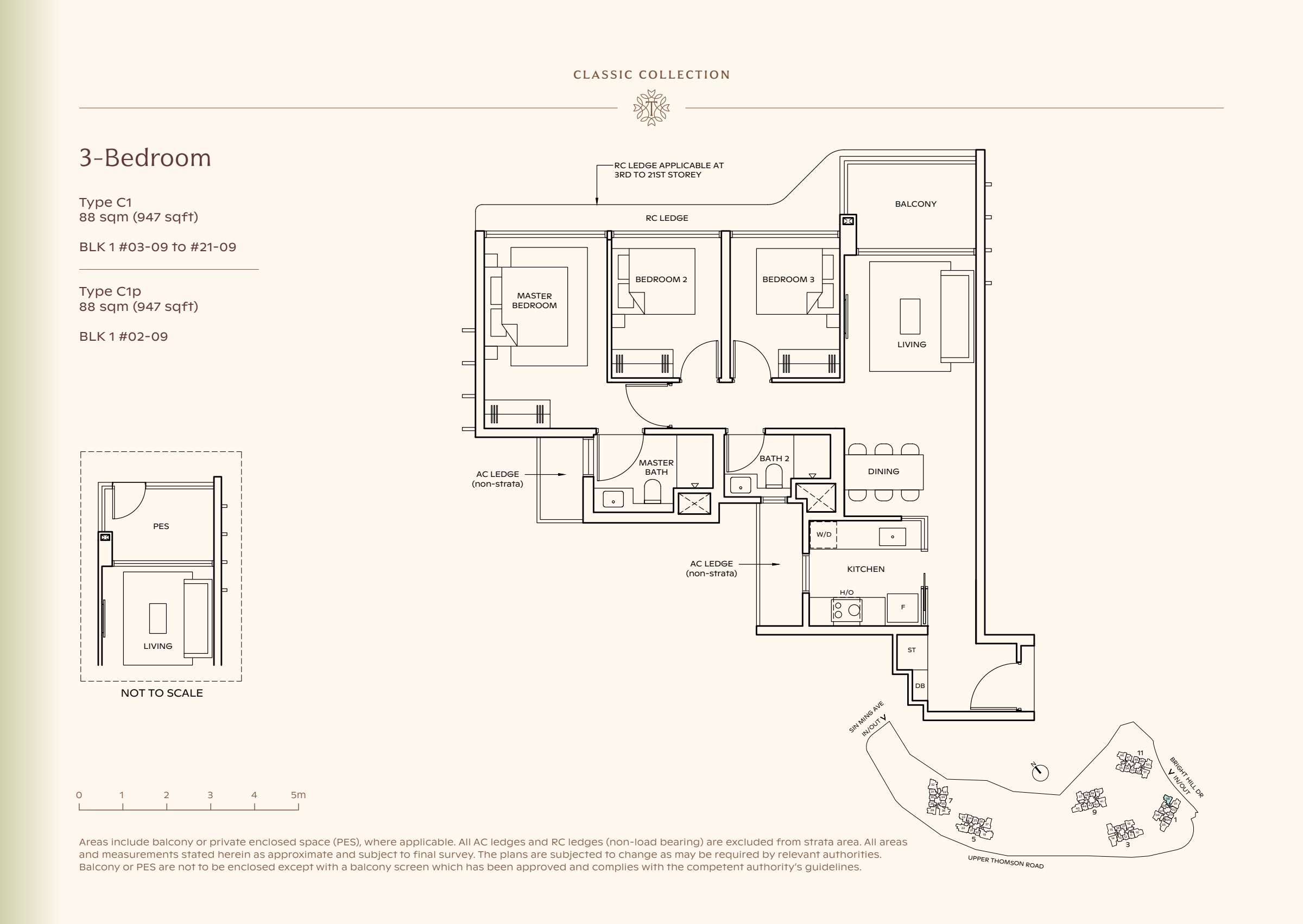 Classic Collection type C1, 947 sqft. Three bedrooms line one side of the plan, with the master at the left and living space at the right. 3 bedrooms, living and dining space, a kitchen, 2 bathrooms, a balcony.