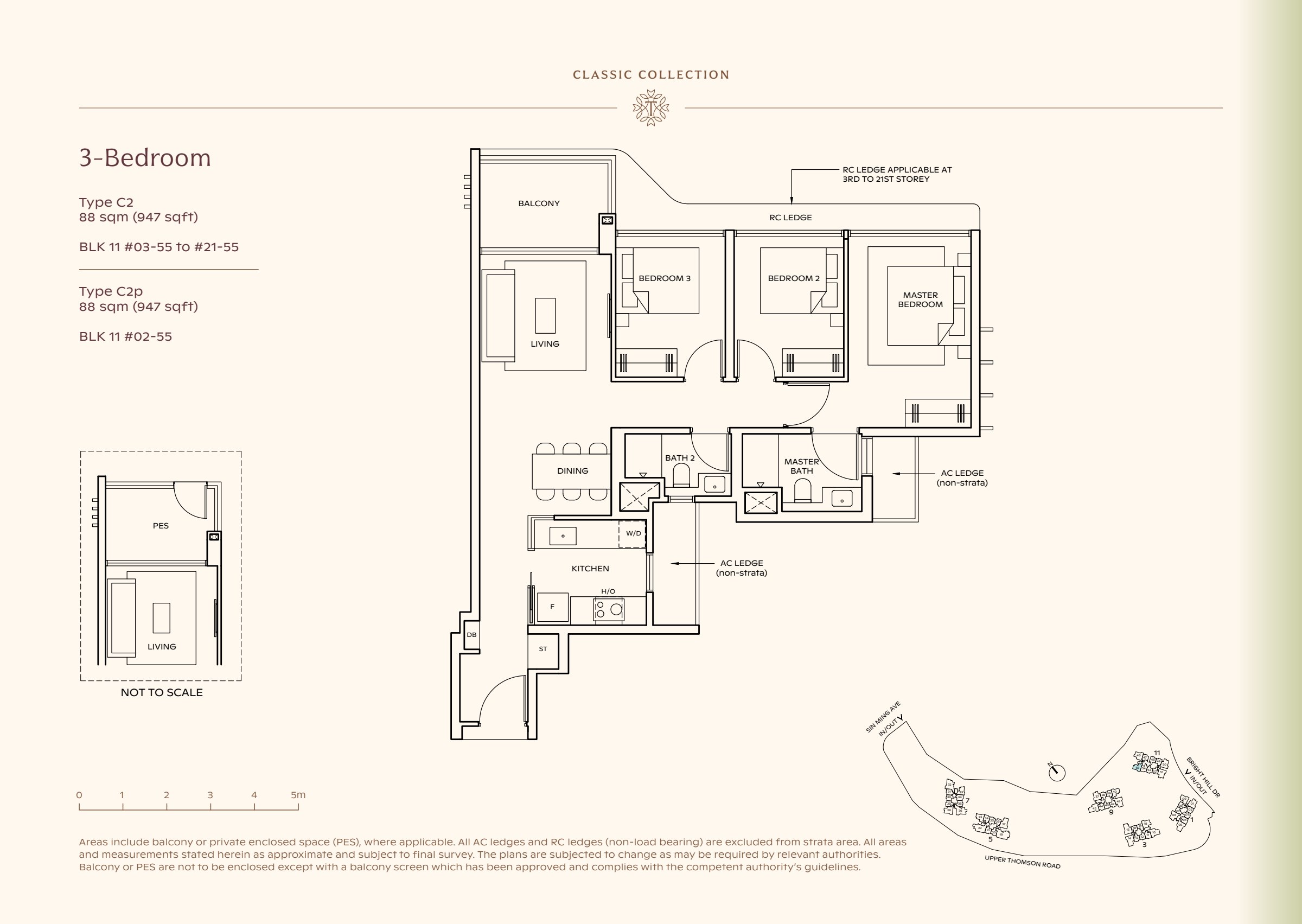 Classic Collection type C2, 947 sqft. Three bedrooms line one side of the plan, with living space at the left and the master at the right. 3 bedrooms, living and dining space, a kitchen, 2 bathrooms, a balcony.