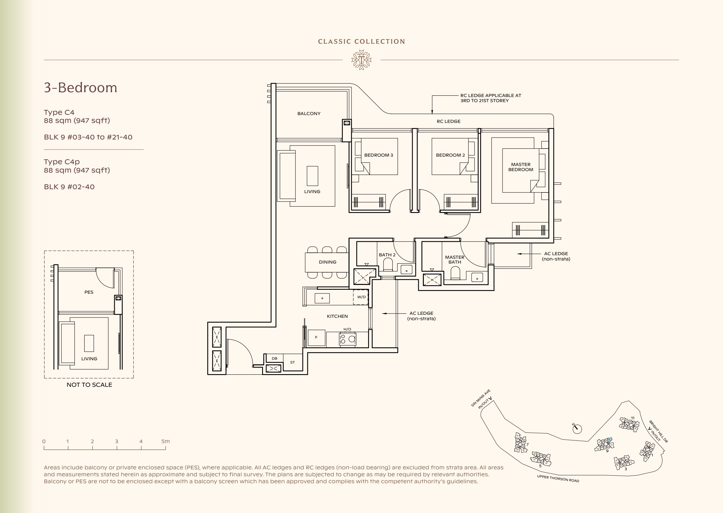 Classic Collection type C4, 947 sqft. Three bedrooms line one side of the plan, with living space at the left and the master at the right. 3 bedrooms, living and dining space, a kitchen, 2 bathrooms, a balcony.