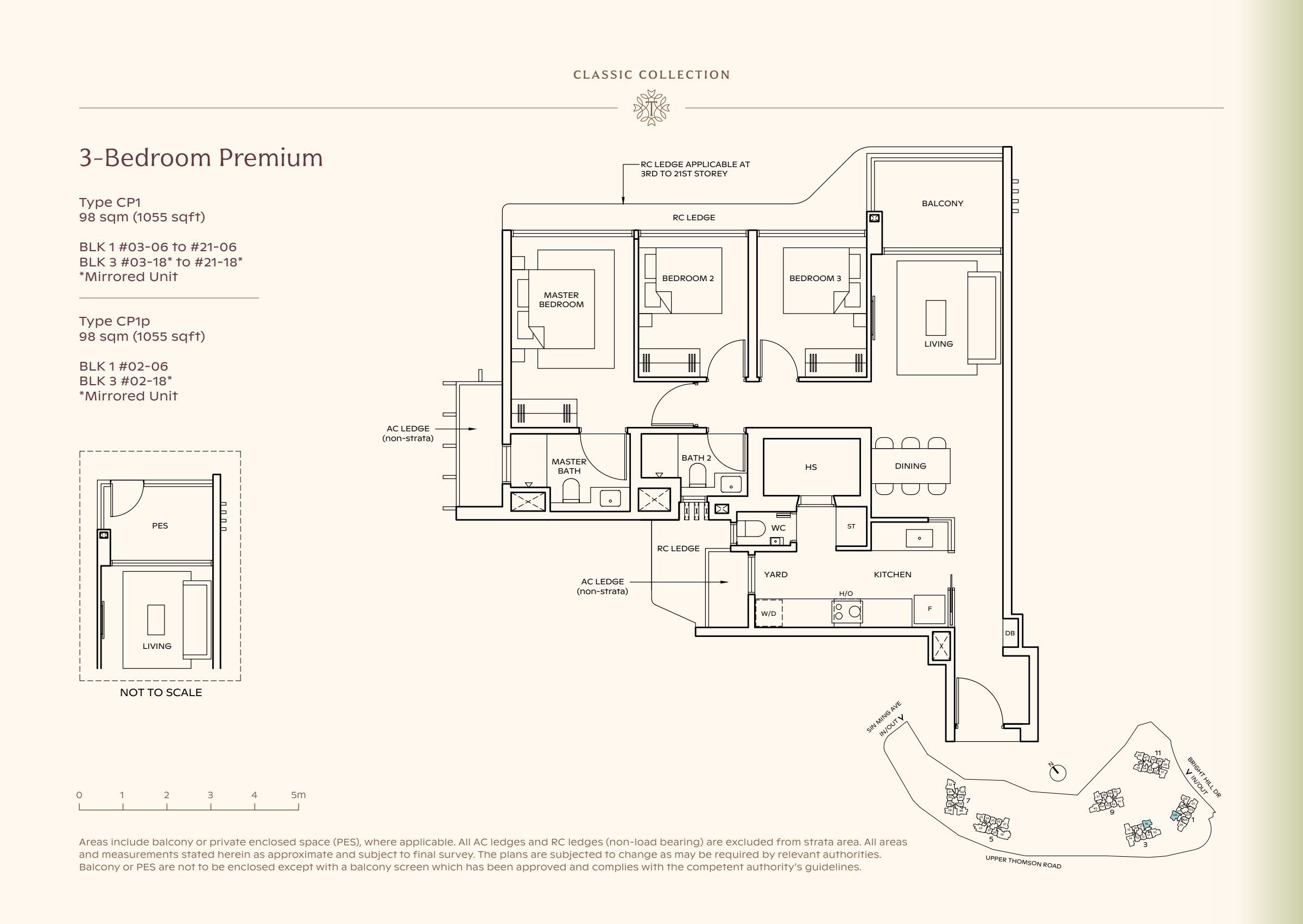 Classic Collection type CP1, 1055 sqft. Three bedrooms line the left side of the plan; living space is at the right, with a yard beside the kitchen. 3 bedrooms, living and dining space, a kitchen, a yard, 2 bathrooms, a balcony.