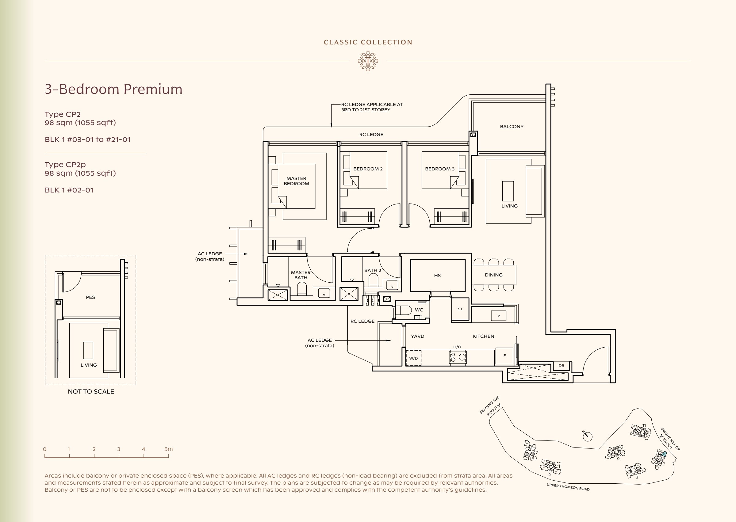 Classic Collection type CP2, 1055 sqft. Three bedrooms line the left side of the plan; living space is at the right, with a yard beside the kitchen. 3 bedrooms, living and dining space, a kitchen, a yard, 2 bathrooms, a balcony.