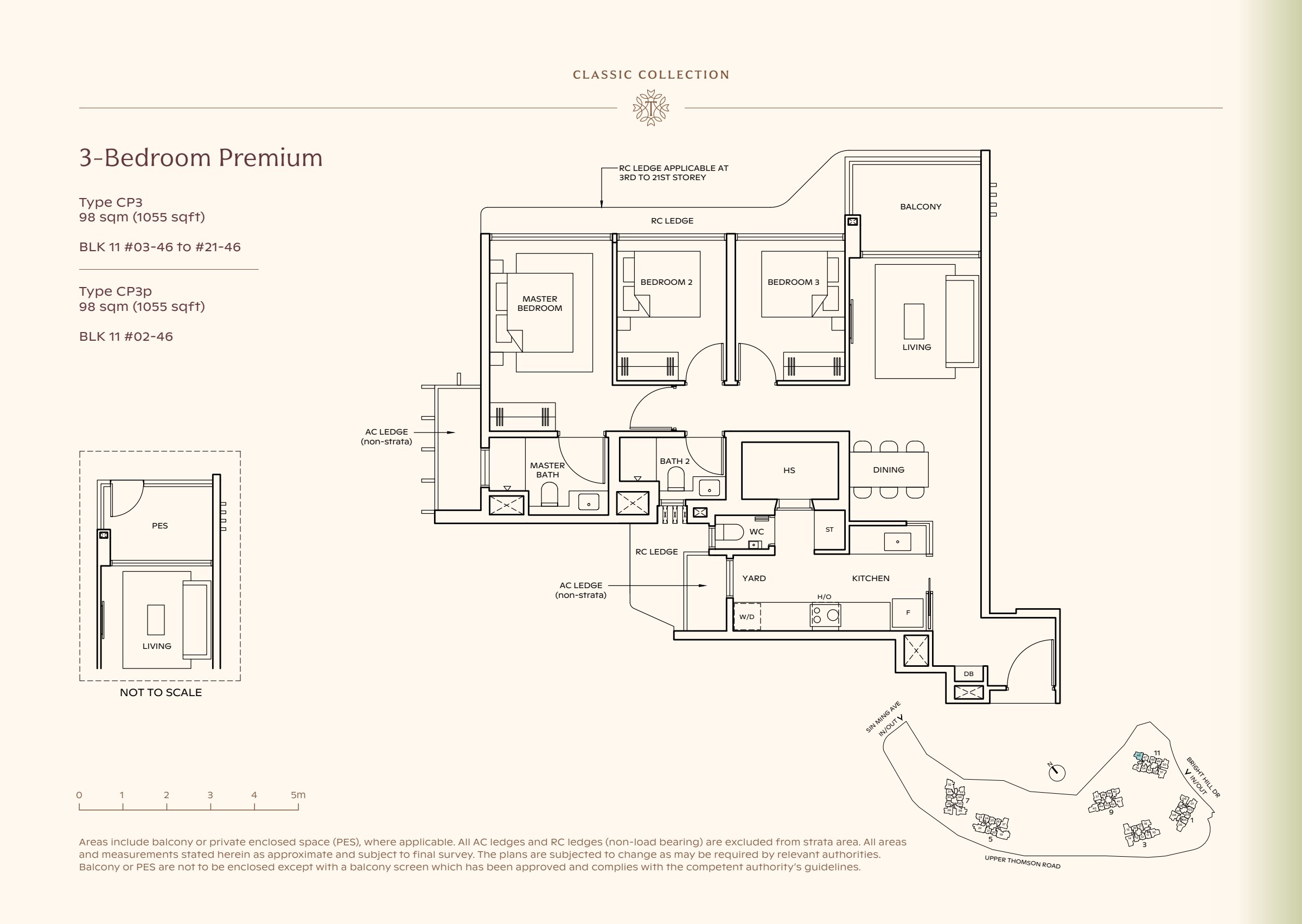 Classic Collection type CP3, 1055 sqft. Three bedrooms line the left side of the plan; living space is at the right, with a yard beside the kitchen. 3 bedrooms, living and dining space, a kitchen, a yard, 2 bathrooms, a balcony.