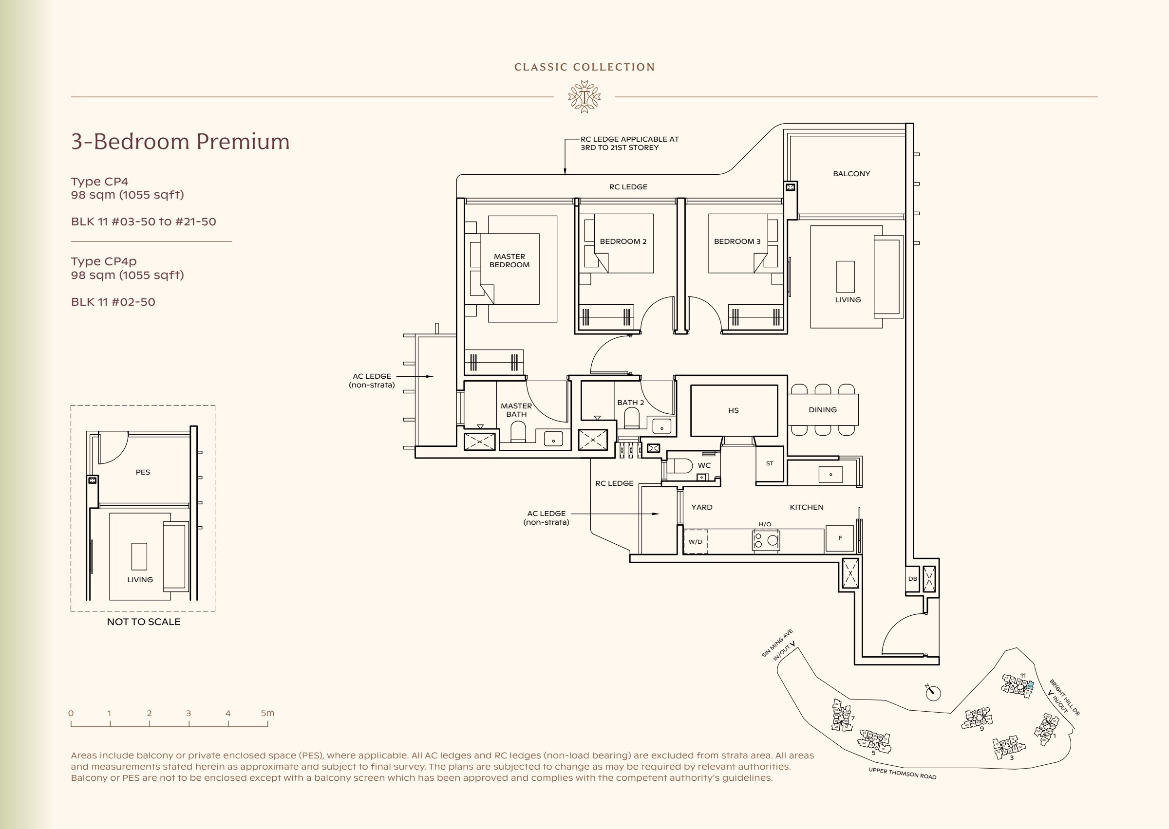 Classic Collection type CP4, 1055 sqft. Three bedrooms line the left side of the plan; living space is at the right, with a yard beside the kitchen. 3 bedrooms, living and dining space, a kitchen, a yard, 2 bathrooms, a balcony.
