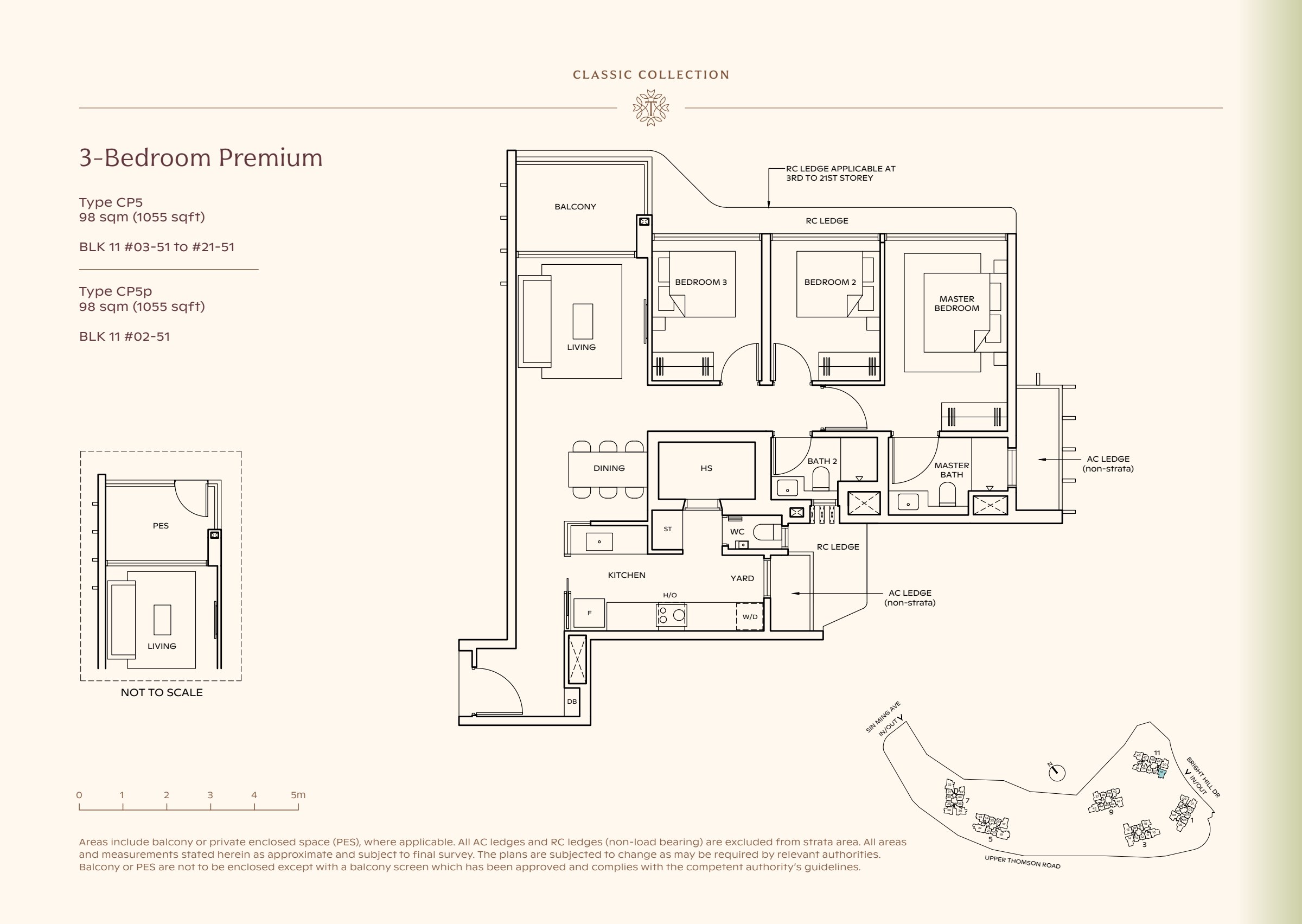 Classic Collection type CP5, 1055 sqft. Three bedrooms line the right side of the plan; living space is at the left, with a yard beside the kitchen. 3 bedrooms, living and dining space, a kitchen, a yard, 2 bathrooms, a balcony.