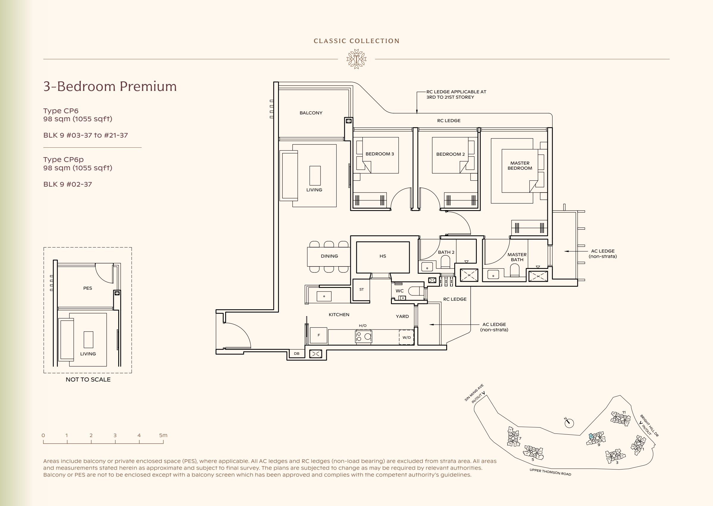 Classic Collection type CP6, 1055 sqft. Three bedrooms line the right side of the plan; living space is at the left, with a yard beside the kitchen. 3 bedrooms, living and dining space, a kitchen, a yard, 2 bathrooms, a balcony.