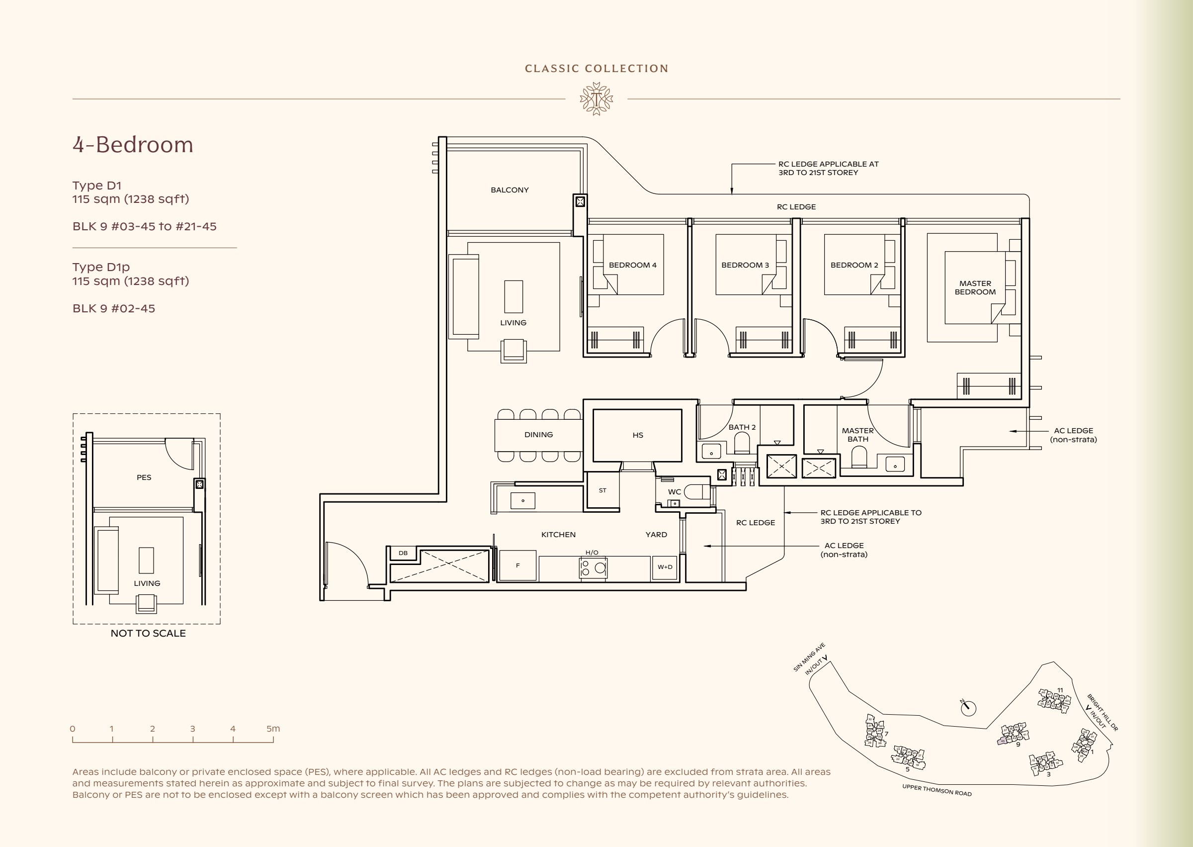 Classic Collection type D1, 1238 sqft. Four bedrooms line the right side of the plan, with the master at the far end and living space at the left. 4 bedrooms, living and dining space, a kitchen, a yard, 2 bathrooms, a balcony.