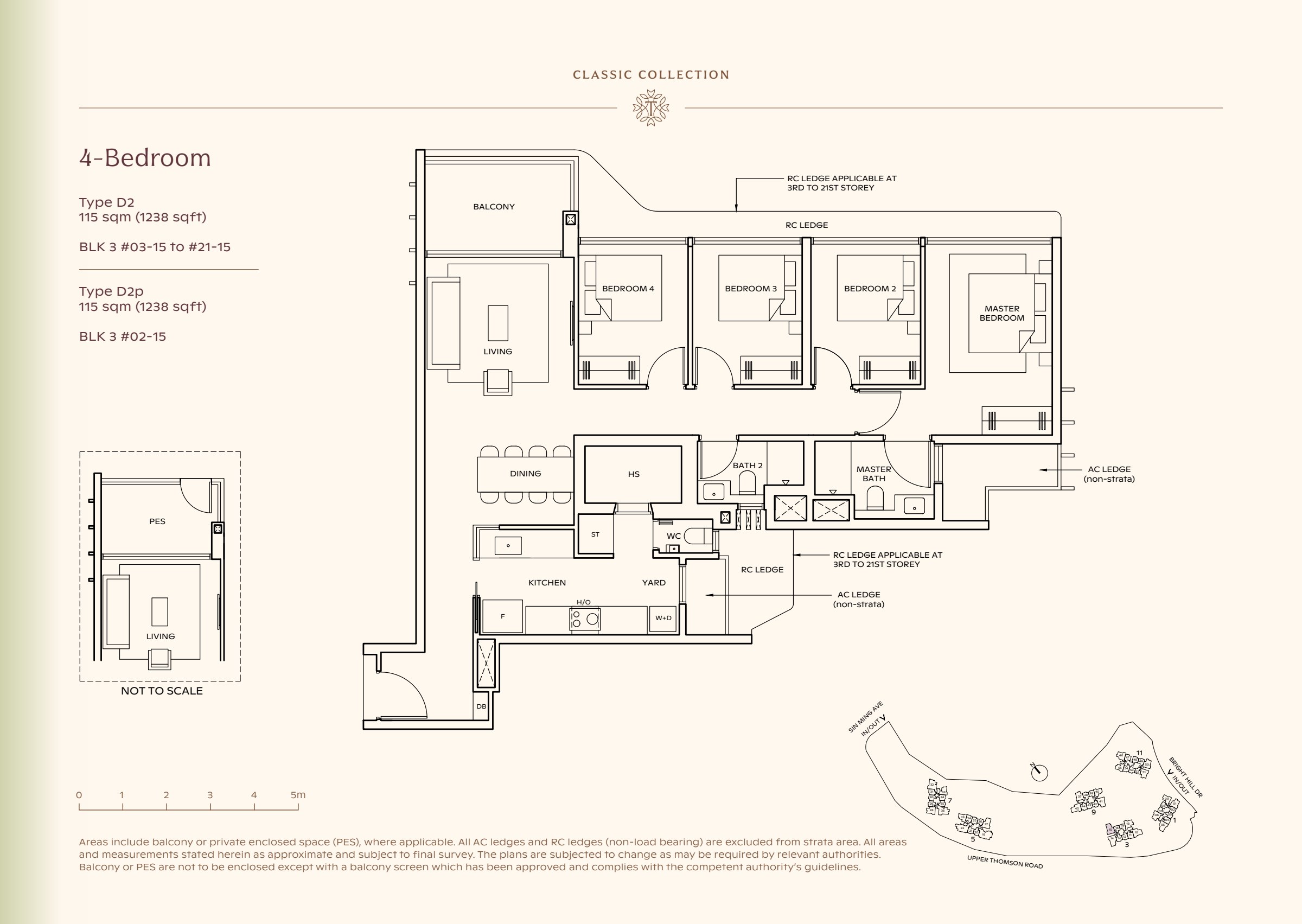 Classic Collection type D2, 1238 sqft. Four bedrooms line the right side of the plan, with the master at the far end and living space at the left. 4 bedrooms, living and dining space, a kitchen, a yard, 2 bathrooms, a balcony.