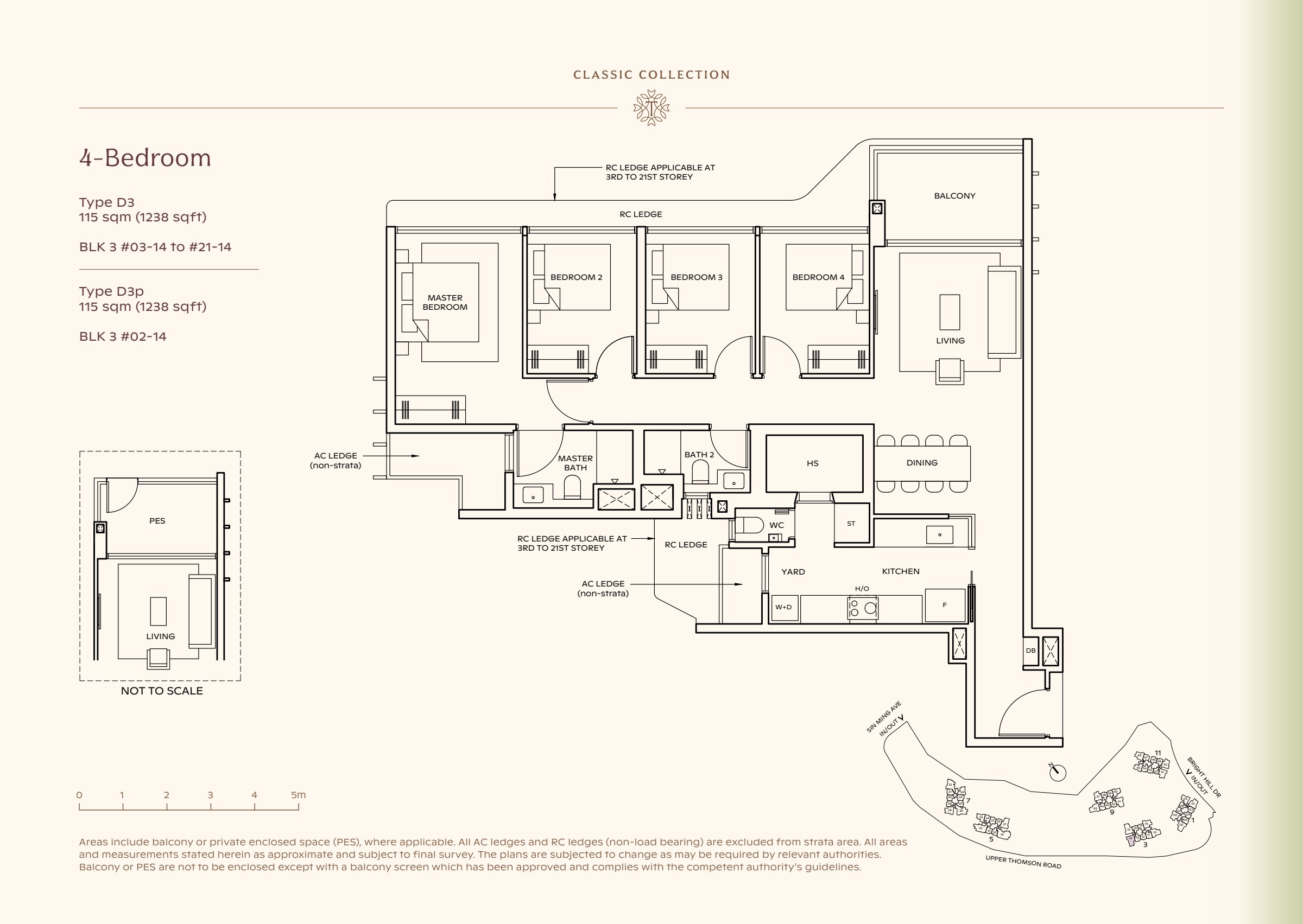 Classic Collection type D3, 1238 sqft. Four bedrooms line the left side of the plan, with the master at the far end and living space at the right. 4 bedrooms, living and dining space, a kitchen, a yard, 2 bathrooms, a balcony.