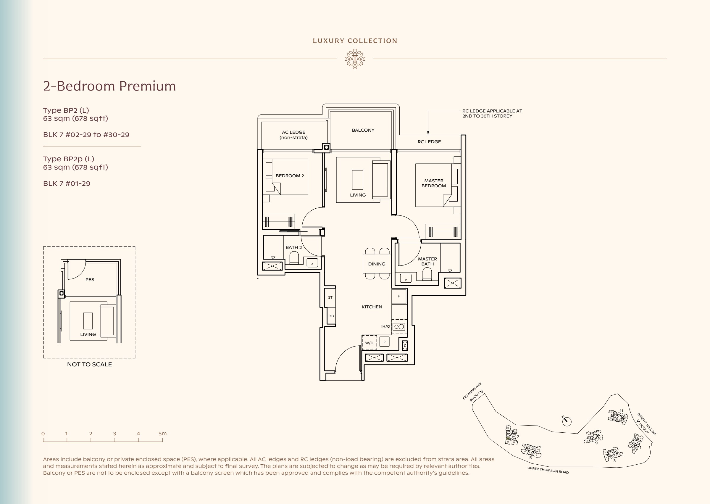 Luxury Collection type BP2, 678 sqft. The master is right of the living room; the second bedroom is left of it and the kitchen sits behind dining. 2 bedrooms, living and dining space, a kitchen, 2 bathrooms, a balcony.