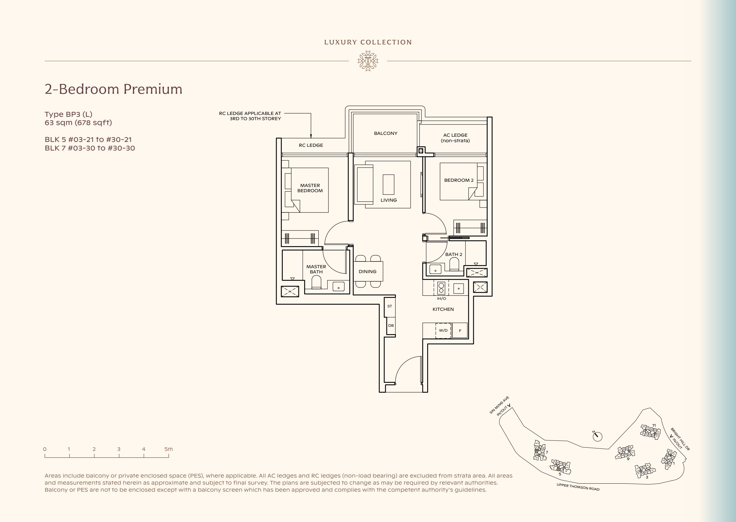 Luxury Collection type BP3, 678 sqft. The master is left of the living room; the second bedroom is right of it and the kitchen is right of dining. 2 bedrooms, living and dining space, a kitchen, 2 bathrooms, a balcony.