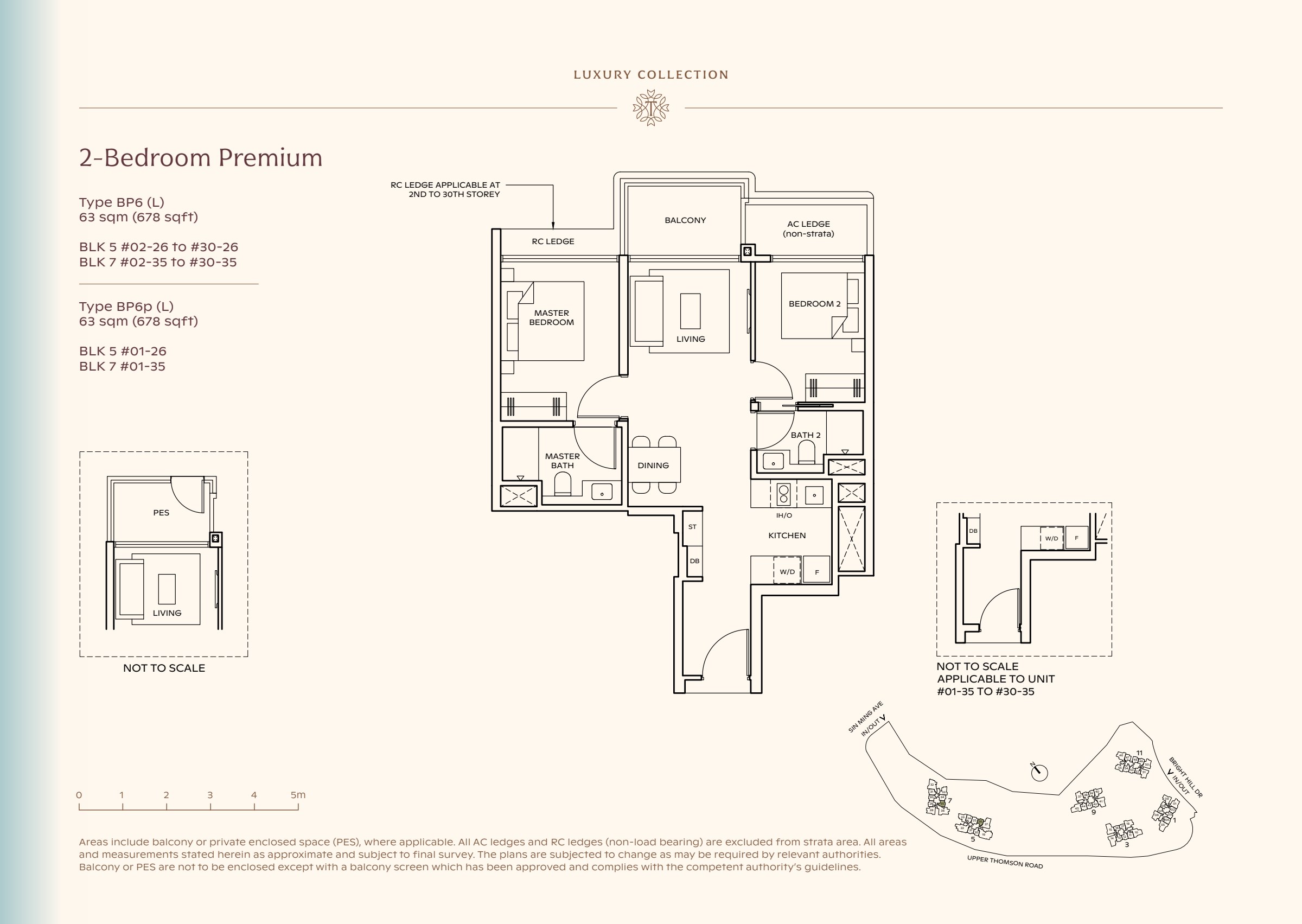 Luxury Collection type BP6, 678 sqft. The master is left of the living room; the second bedroom is right of it and the kitchen is right of dining. 2 bedrooms, living and dining space, a kitchen, 2 bathrooms, a balcony.