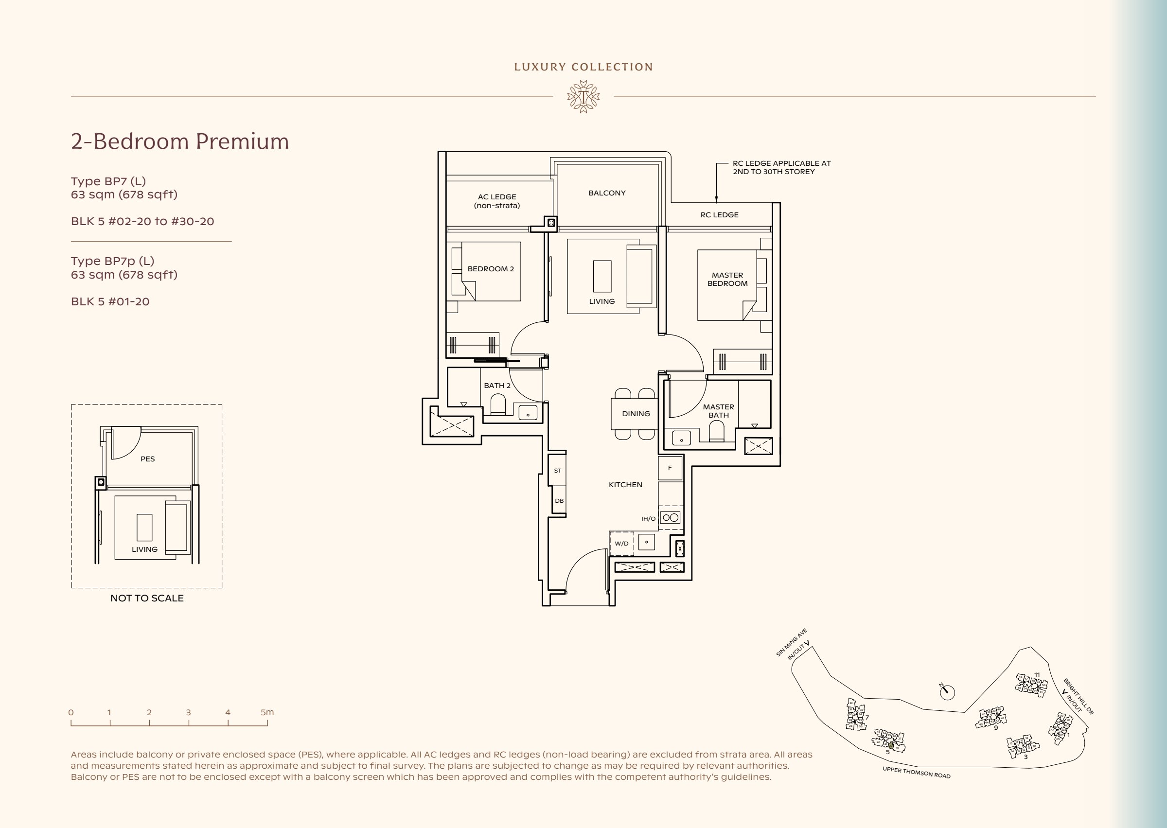 Luxury Collection type BP7, 678 sqft. The master is right of the living room; the second bedroom is left of it and the kitchen sits behind dining. 2 bedrooms, living and dining space, a kitchen, 2 bathrooms, a balcony.