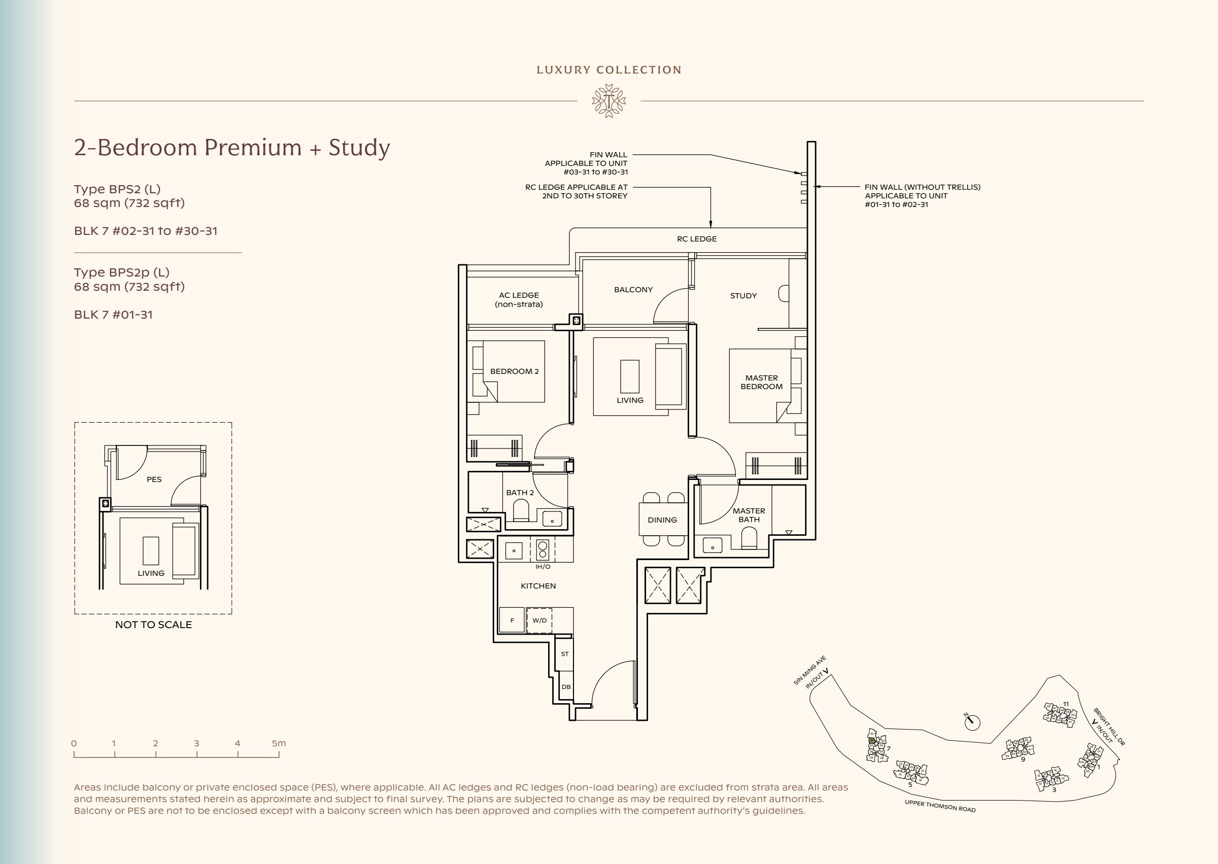 Luxury Collection type BPS2, 732 sqft. The study sits beside the balcony and above the master bedroom; the kitchen is left of dining. 2 bedrooms, a study, living and dining space, a kitchen, 2 bathrooms, a balcony.