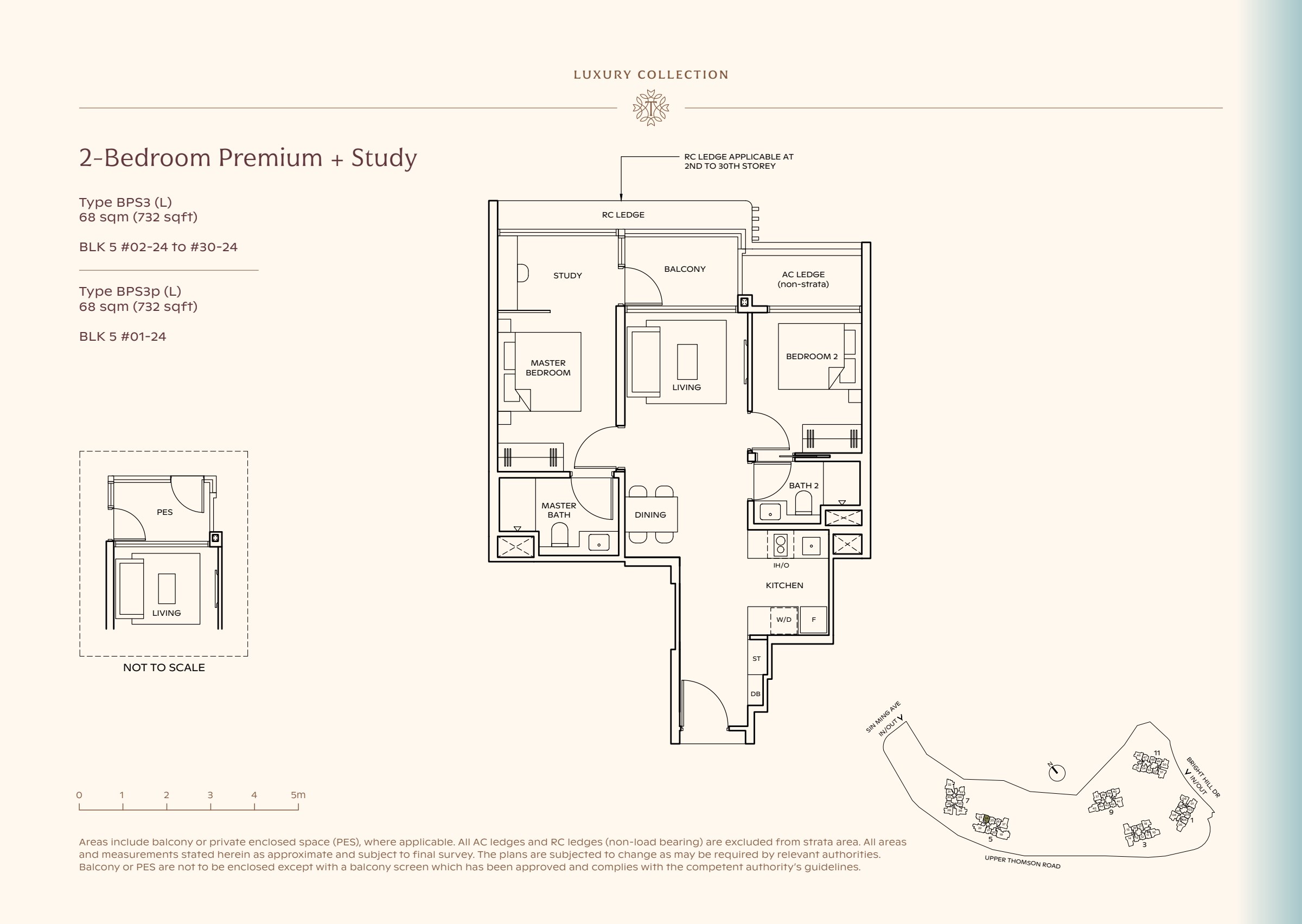 Luxury Collection type BPS3, 732 sqft. The study sits beside the balcony and above the master bedroom; the kitchen is right of dining. 2 bedrooms, a study, living and dining space, a kitchen, 2 bathrooms, a balcony.