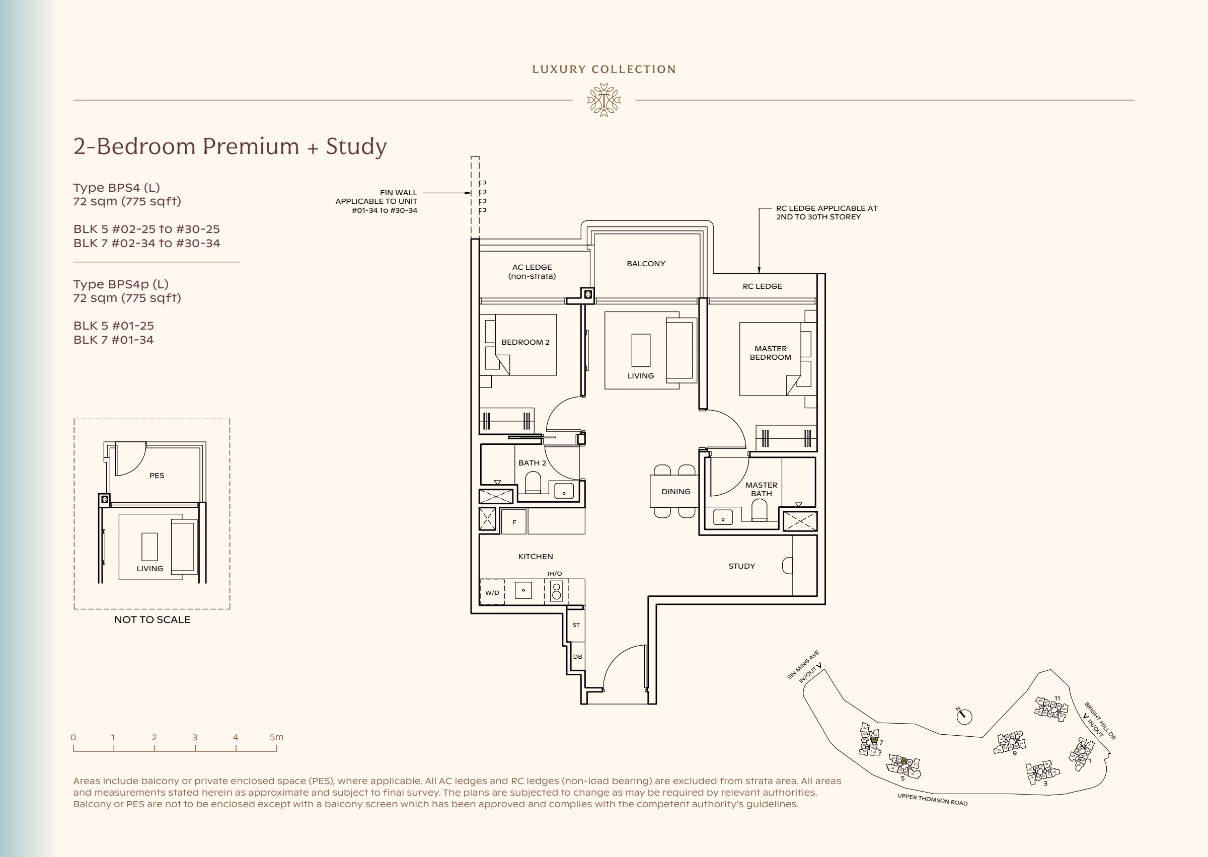Luxury Collection type BPS4, 775 sqft. The study sits beside the kitchen, away from the balcony; the master is right of the living room. 2 bedrooms, a study, living and dining space, a kitchen, 2 bathrooms, a balcony.