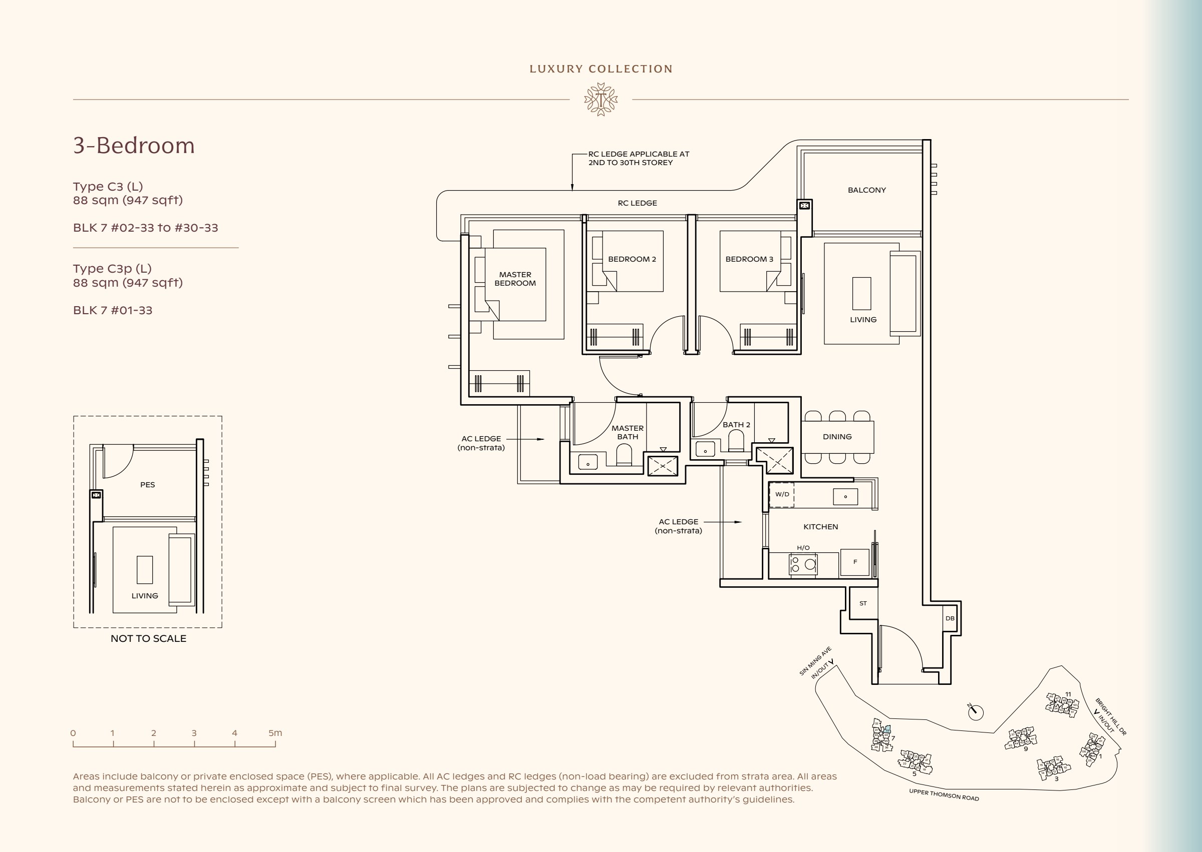 Luxury Collection type C3, 947 sqft. Three bedrooms line the left side of the plan, with the master at the far end and living space at the right. 3 bedrooms, living and dining space, a kitchen, 2 bathrooms, a balcony.