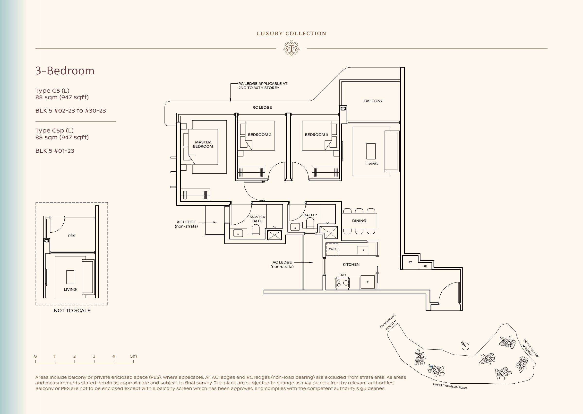 Luxury Collection type C5, 947 sqft. Three bedrooms line the left side of the plan, with the master at the far end and living space at the right. 3 bedrooms, living and dining space, a kitchen, 2 bathrooms, a balcony.