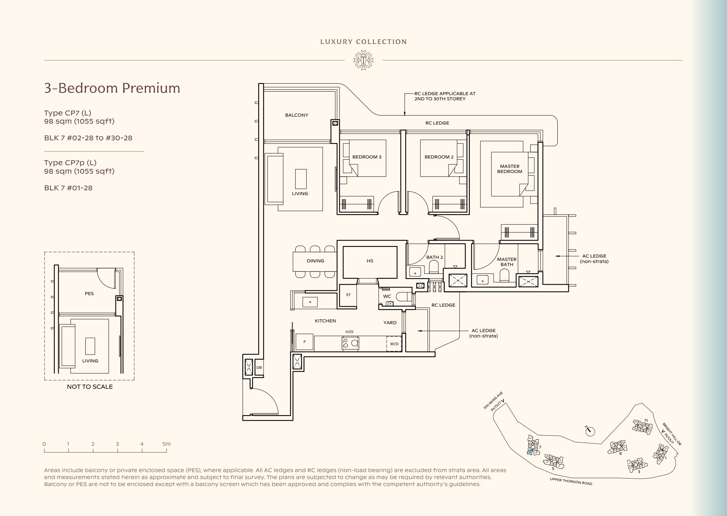 Luxury Collection type CP7, 1055 sqft. Three bedrooms line the right side of the plan; living space is at the left and the yard adjoins the kitchen. 3 bedrooms, living and dining space, a kitchen, a yard, 2 bathrooms, a balcony.