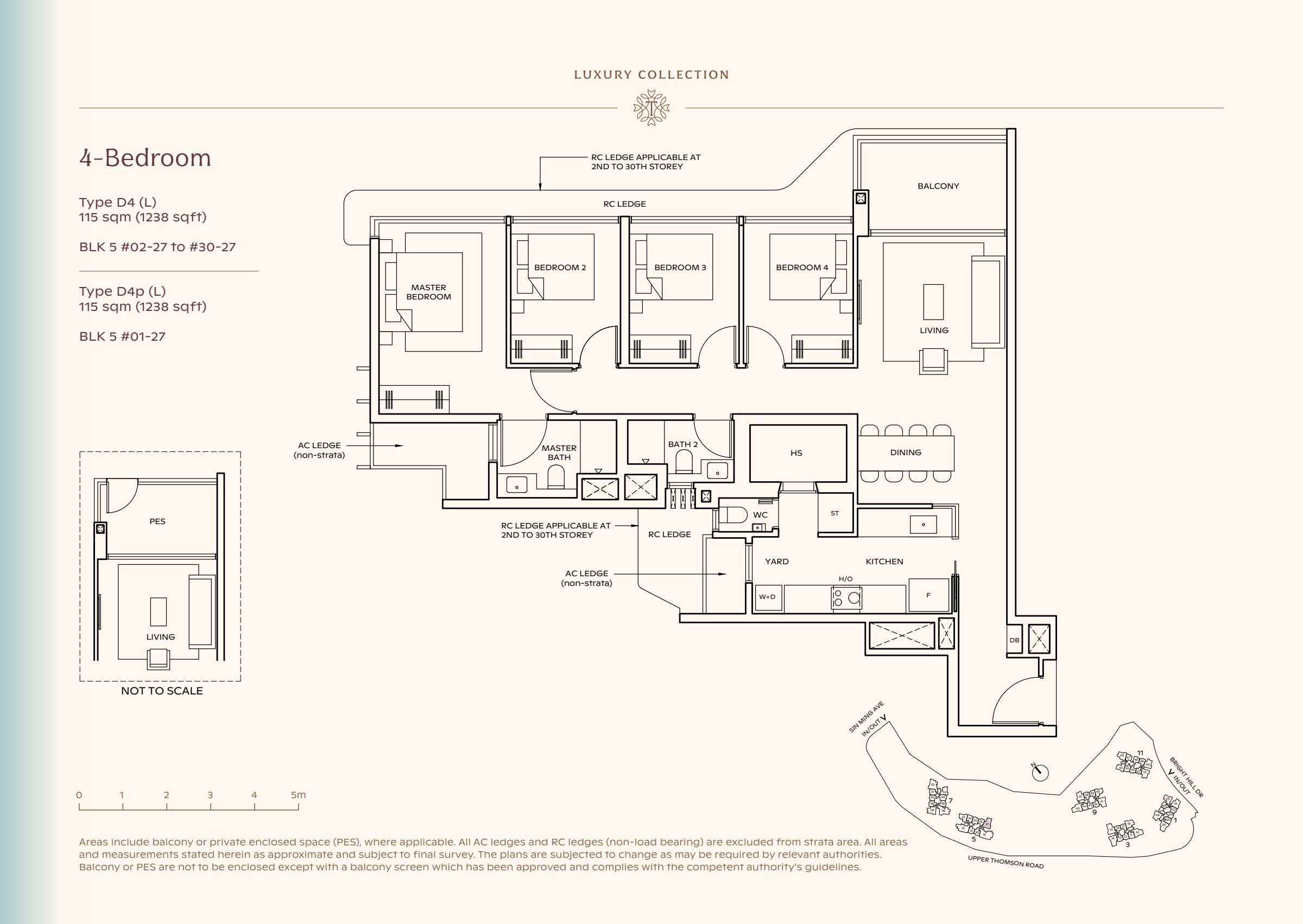 Luxury Collection type D4, 1238 sqft. Four bedrooms line the left side of the plan, with the master at the far end and living space at the right. 4 bedrooms, living and dining space, a kitchen, a yard, 2 bathrooms, a balcony.