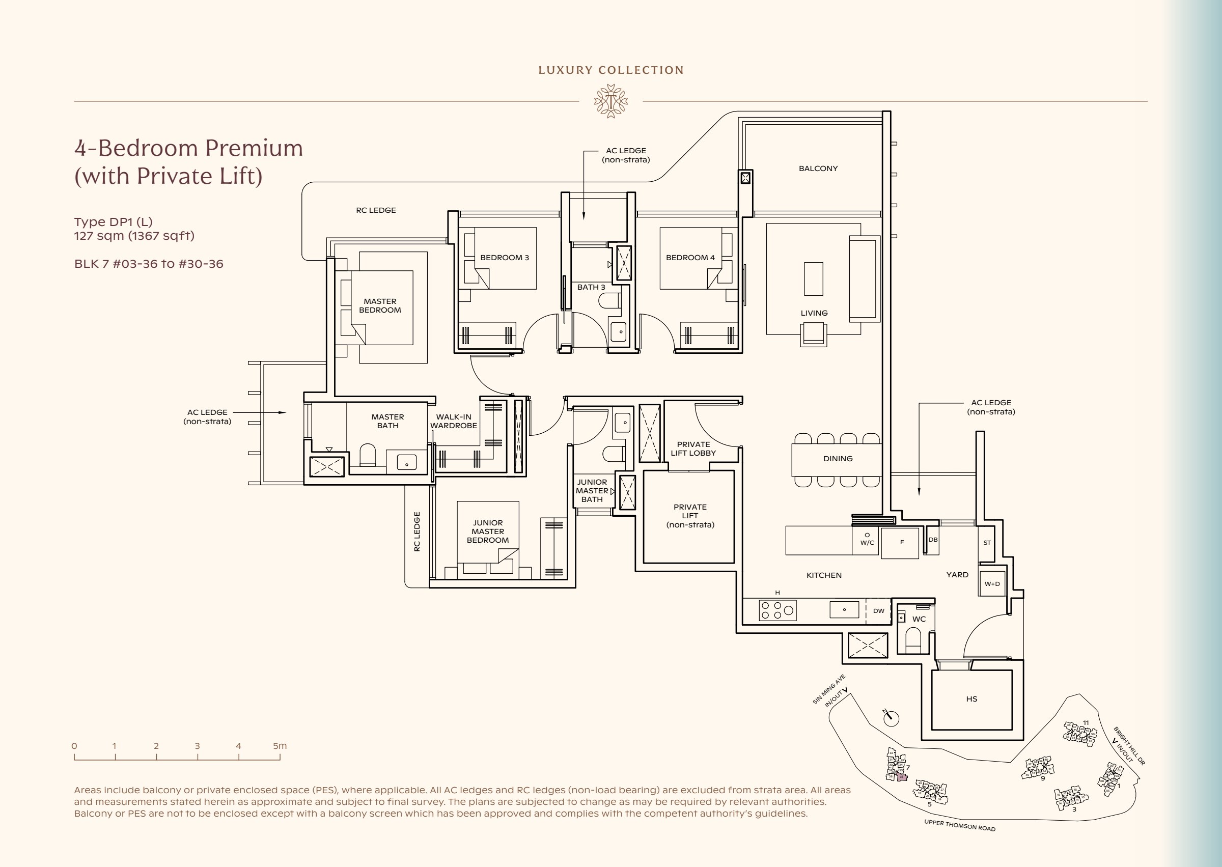 Luxury Collection type DP1, 1367 sqft. The master and junior master are on the left; two more bedrooms lead toward living space on the right, with the private lift near dining. 4 bedrooms, living and dining space, a kitchen, a yard, 3 bathrooms, a private lift lobby, a balcony.
