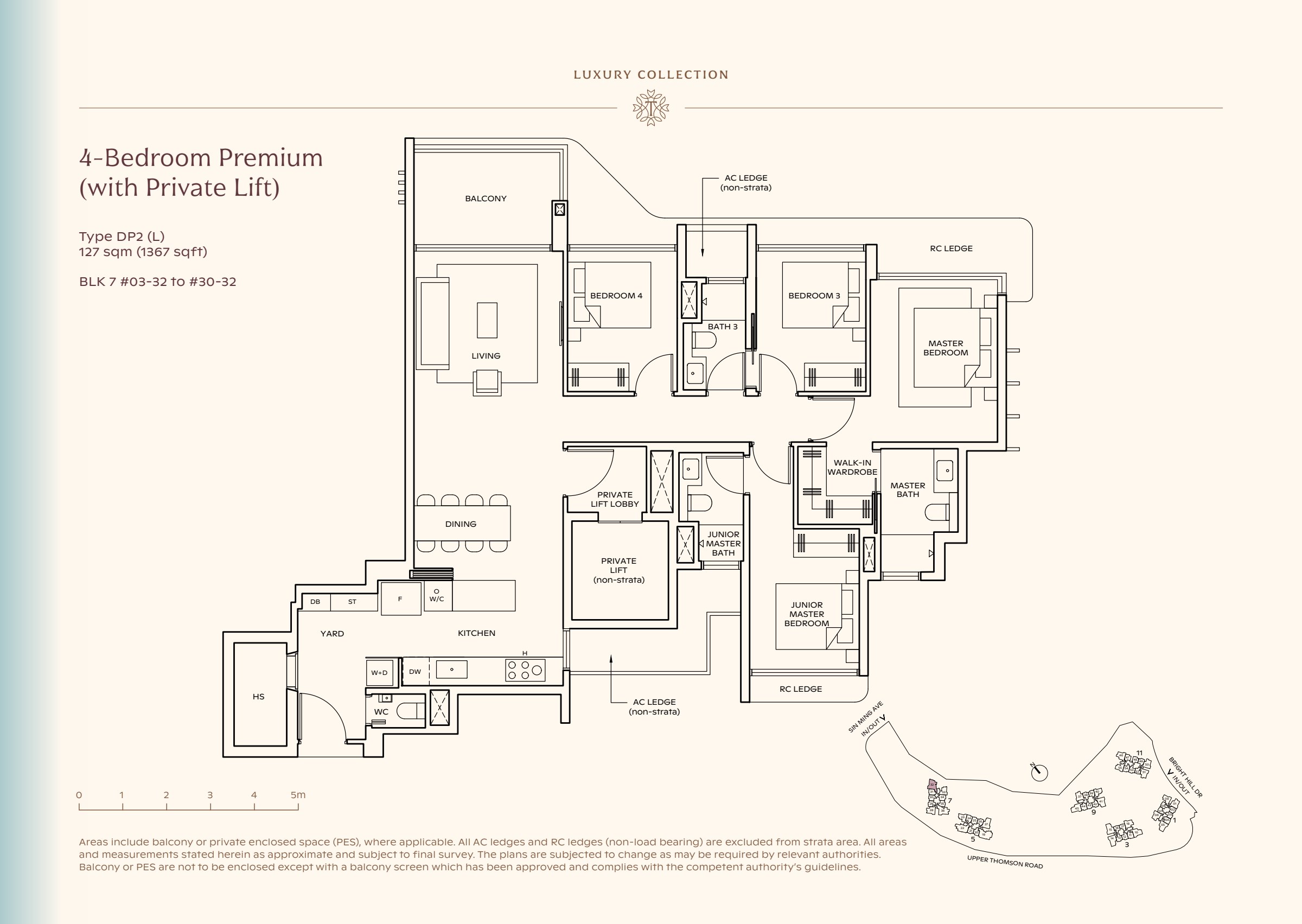 Luxury Collection type DP2, 1367 sqft. The master and junior master are on the right; two more bedrooms lead toward living space on the left, with the private lift near dining. 4 bedrooms, living and dining space, a kitchen, a yard, 3 bathrooms, a private lift lobby, a balcony.