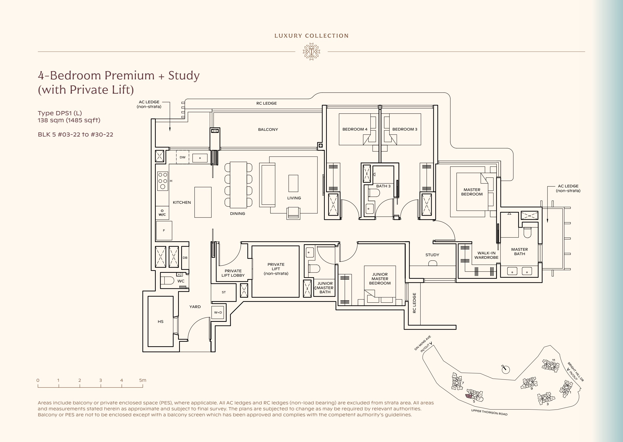 Luxury Collection type DPS1, 1485 sqft. The study lies between the master and junior master; living and dining open toward the balcony, with the private lift beside the kitchen. 4 bedrooms, a study, living and dining space, a kitchen, a yard, 3 bathrooms, a private lift lobby, a balcony.